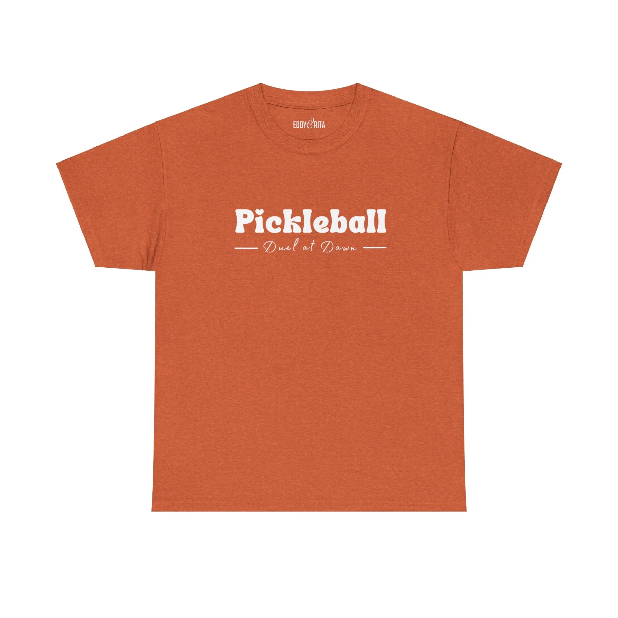 Eddy and Rita Women's Heavy Cotton T-Shirt - "Pickleball Duel at Dawn" Graphic Tee for Pickleball Enthusiasts