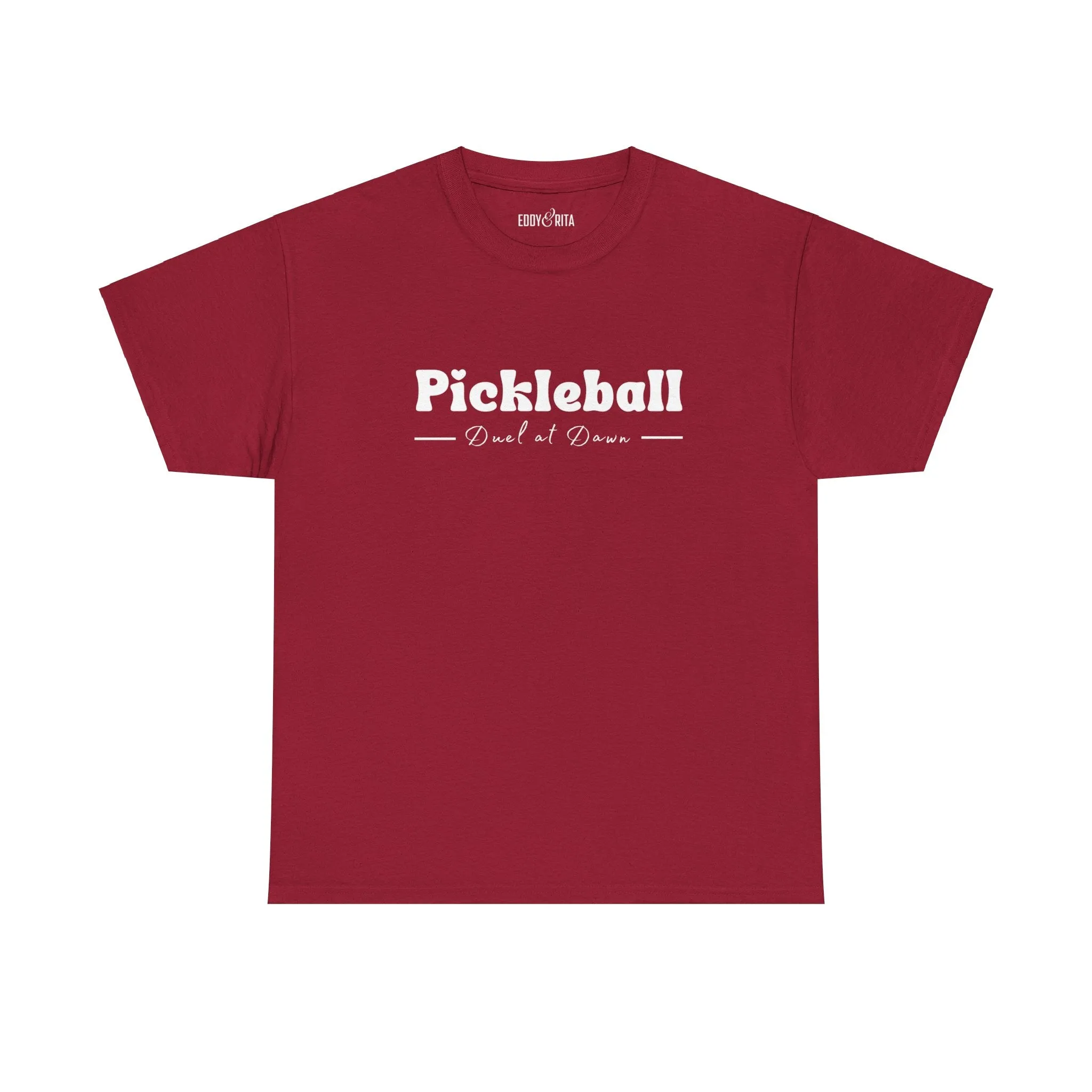 Eddy and Rita Women's Heavy Cotton T-Shirt - "Pickleball Duel at Dawn" Graphic Tee for Pickleball Enthusiasts
