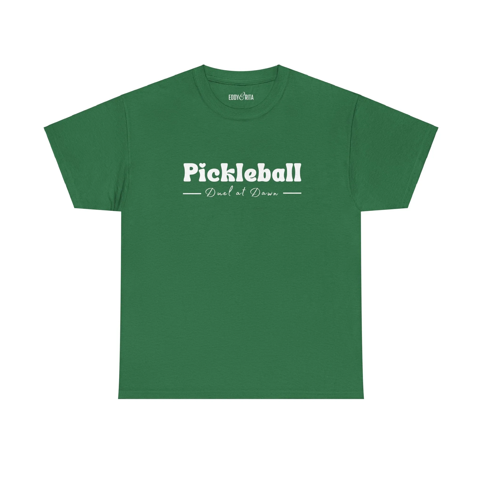 Eddy and Rita Women's Heavy Cotton T-Shirt - "Pickleball Duel at Dawn" Graphic Tee for Pickleball Enthusiasts