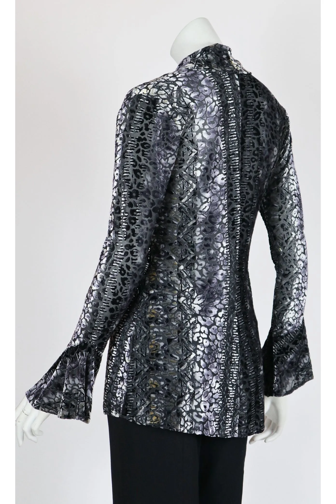 GINA Long Bell Sleeves Neckline with Tie Burnout Velvet Tunic Top