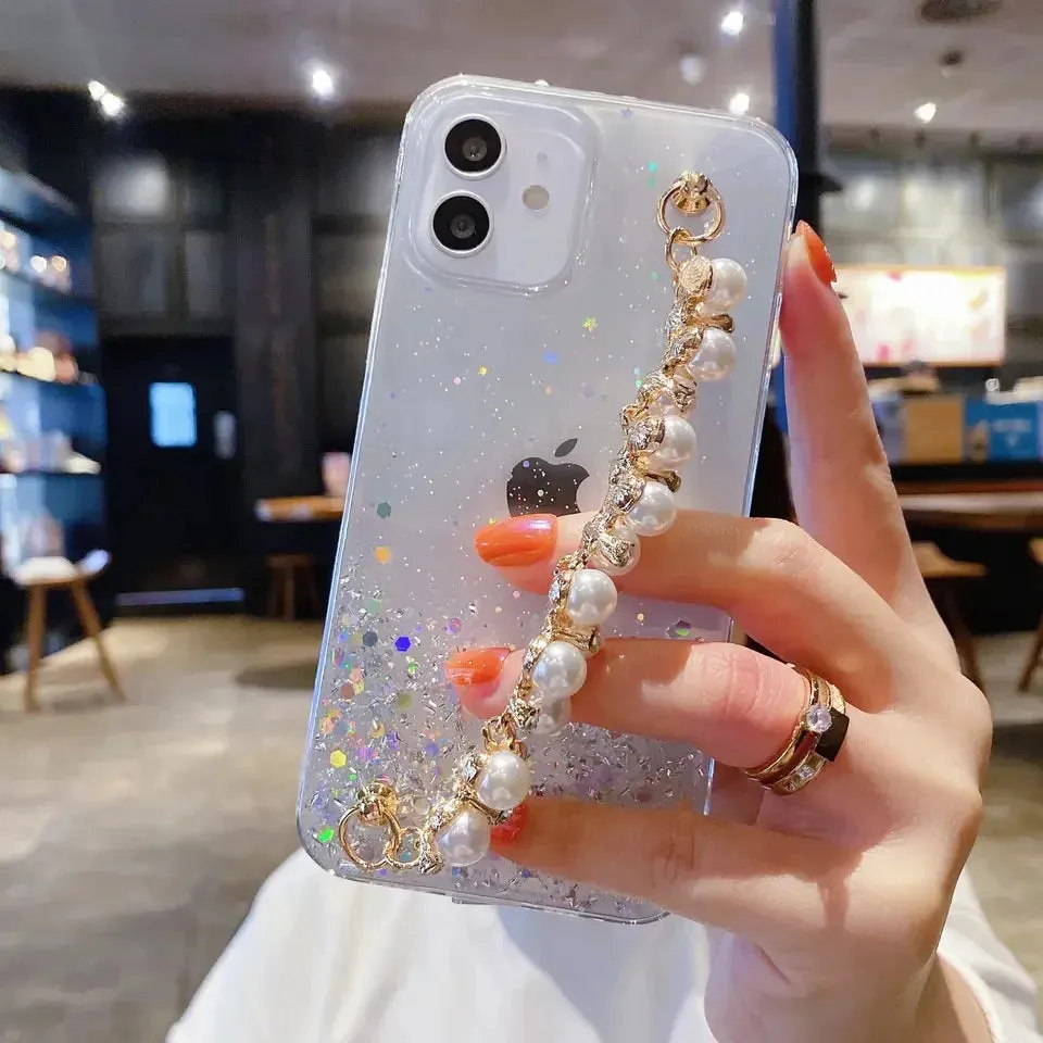 Glitter Luxury Pearl Chain Strap Soft Phone Case Cover For iPhone 15 14 13 12 11 Pro Max Plus Mini
