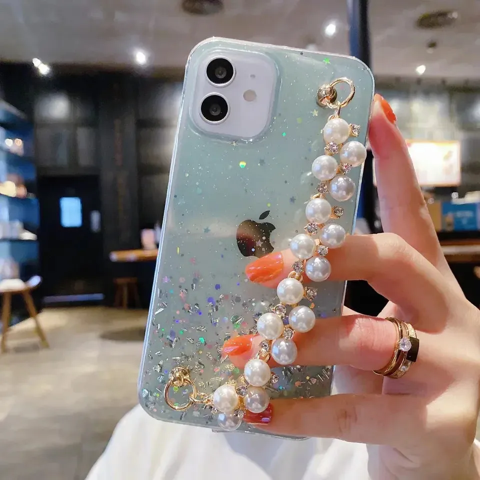 Glitter Luxury Pearl Chain Strap Soft Phone Case Cover For iPhone 15 14 13 12 11 Pro Max Plus Mini
