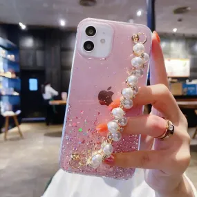 Glitter Luxury Pearl Chain Strap Soft Phone Case Cover For iPhone 15 14 13 12 11 Pro Max Plus Mini
