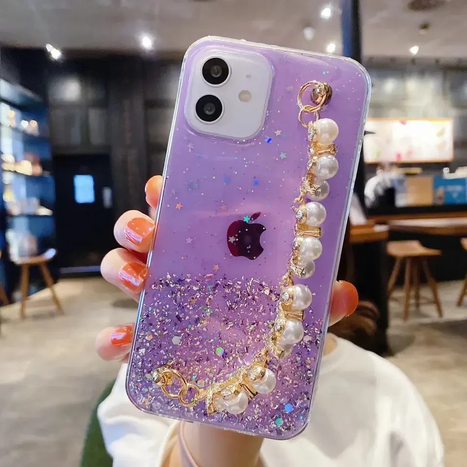 Glitter Luxury Pearl Chain Strap Soft Phone Case Cover For iPhone 15 14 13 12 11 Pro Max Plus Mini