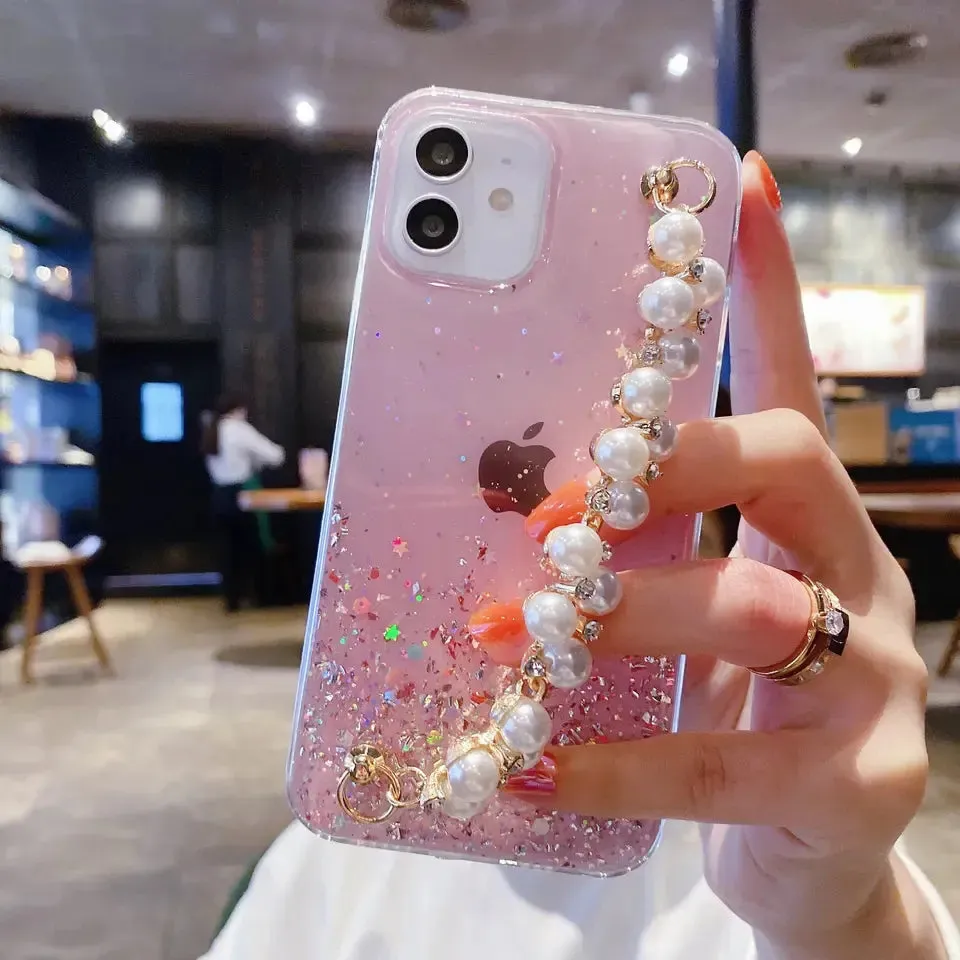 Glitter Luxury Pearl Chain Strap Soft Phone Case Cover For iPhone 15 14 13 12 11 Pro Max Plus Mini