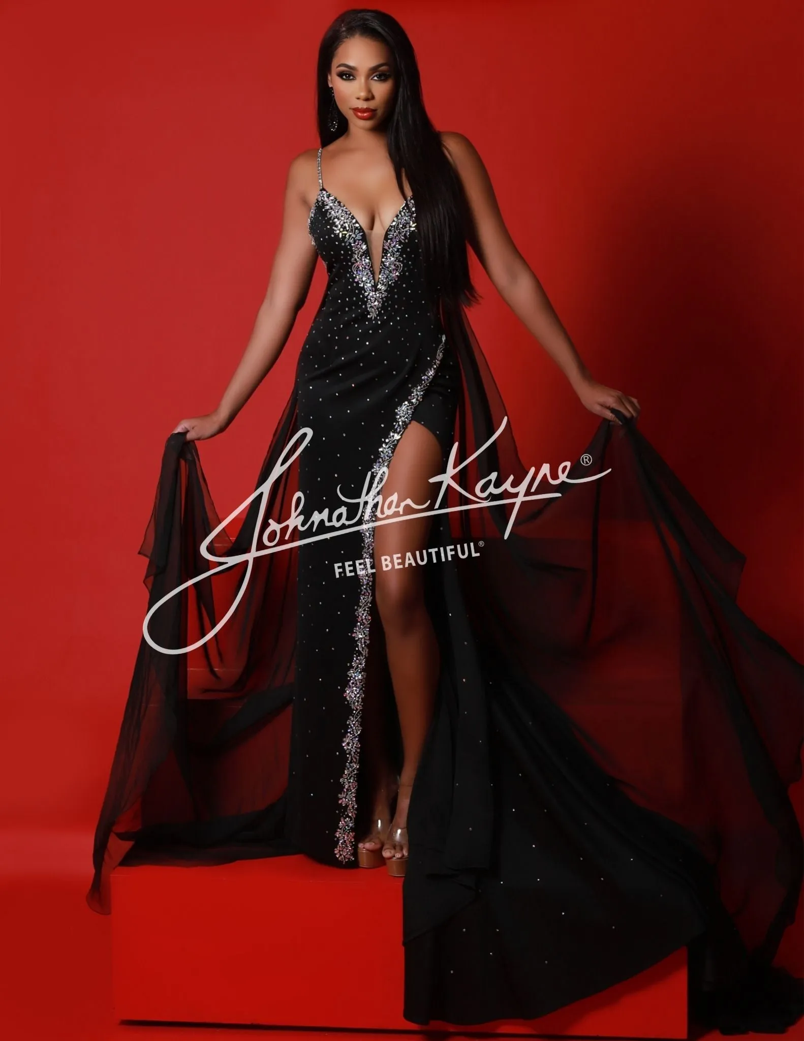 Johnathan Kayne 2954 Long Crystal Slit Cape Pageant Dress V Neck Formal Gown Plunging Neckline