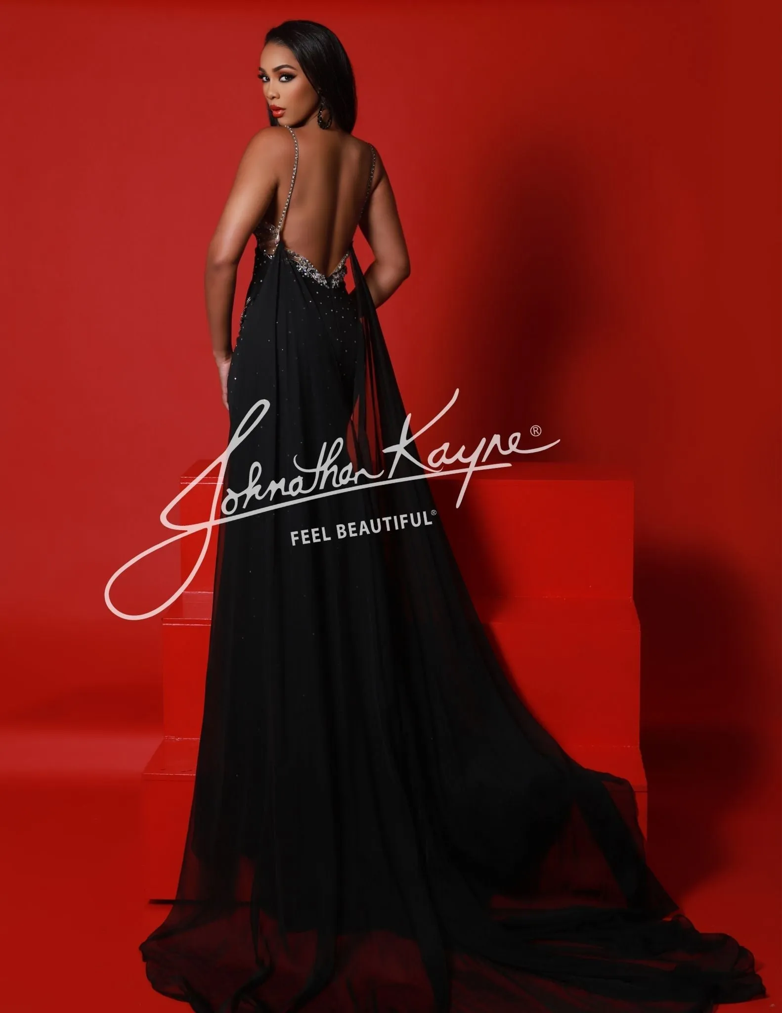 Johnathan Kayne 2954 Long Crystal Slit Cape Pageant Dress V Neck Formal Gown Plunging Neckline