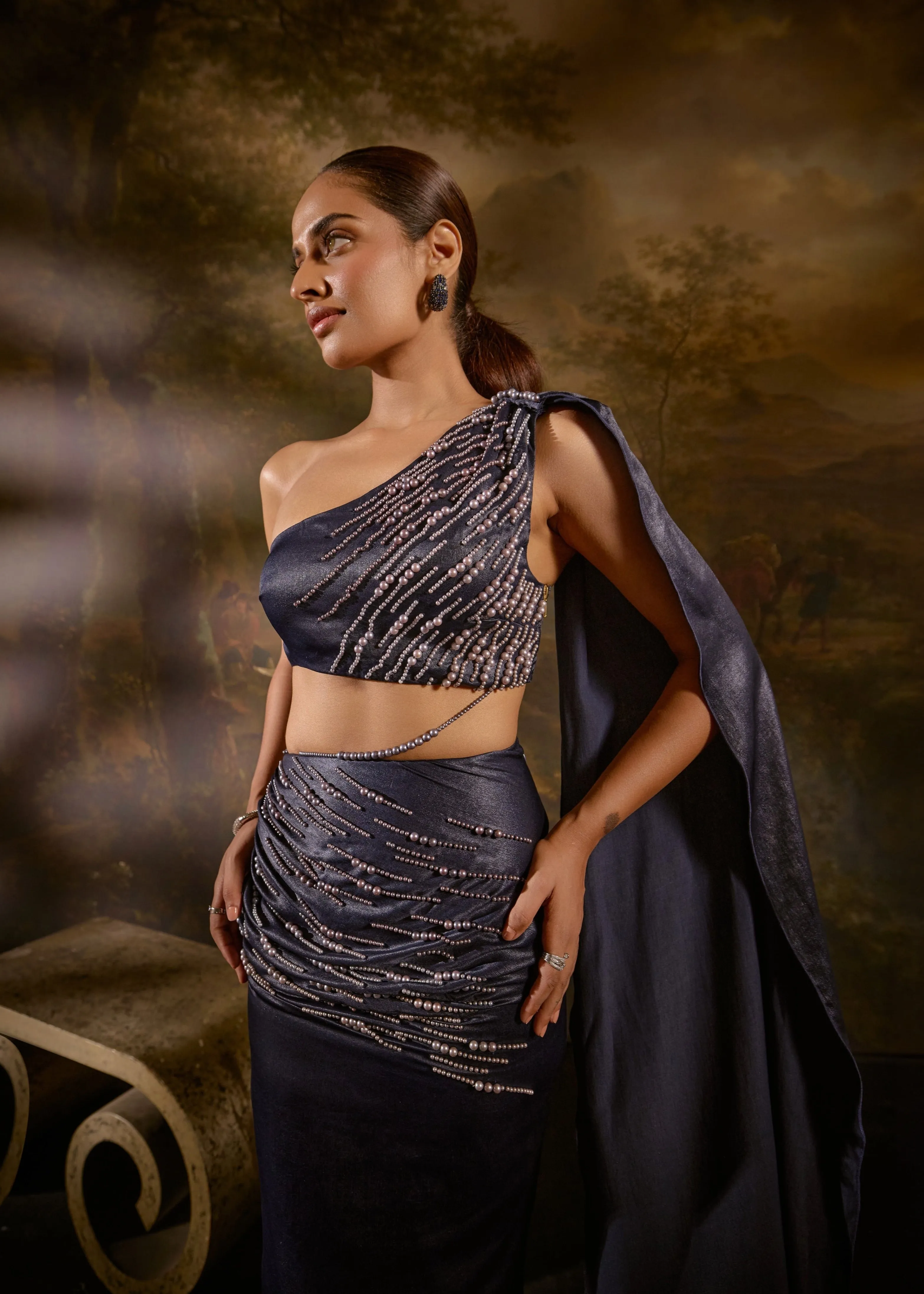 Nazm Sapphire Pearl Hand-Embroidered Saree Gown Set