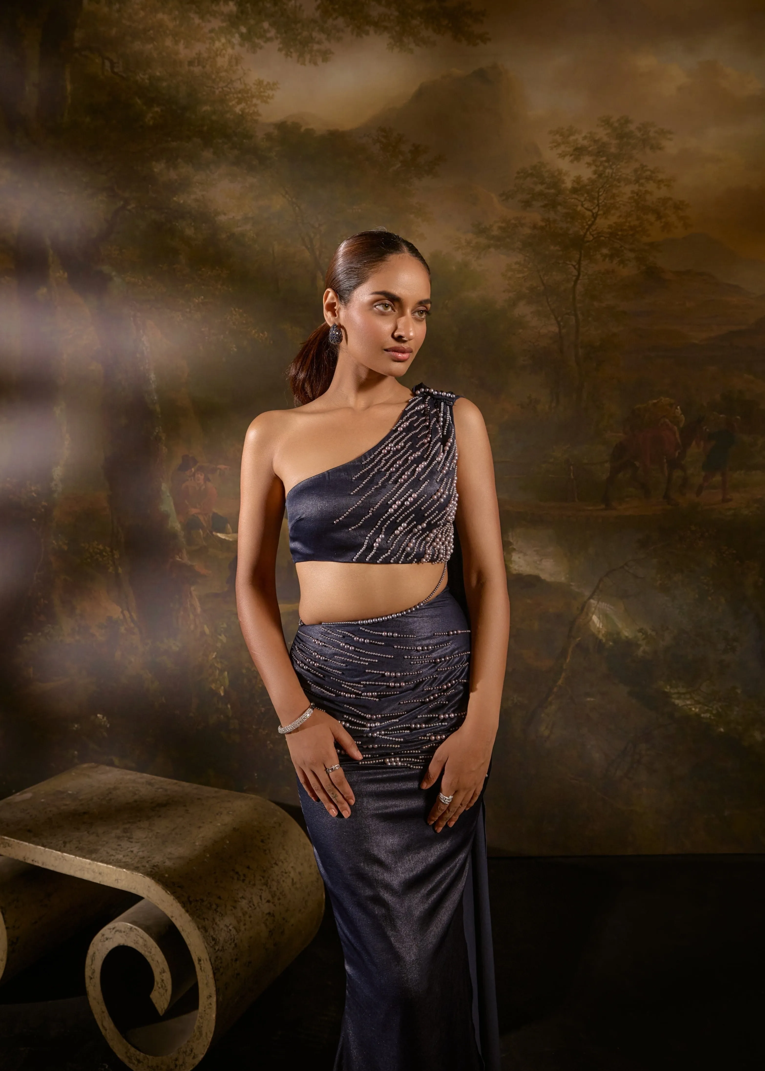 Nazm Sapphire Pearl Hand-Embroidered Saree Gown Set