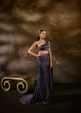 Nazm Sapphire Pearl Hand-Embroidered Saree Gown Set
