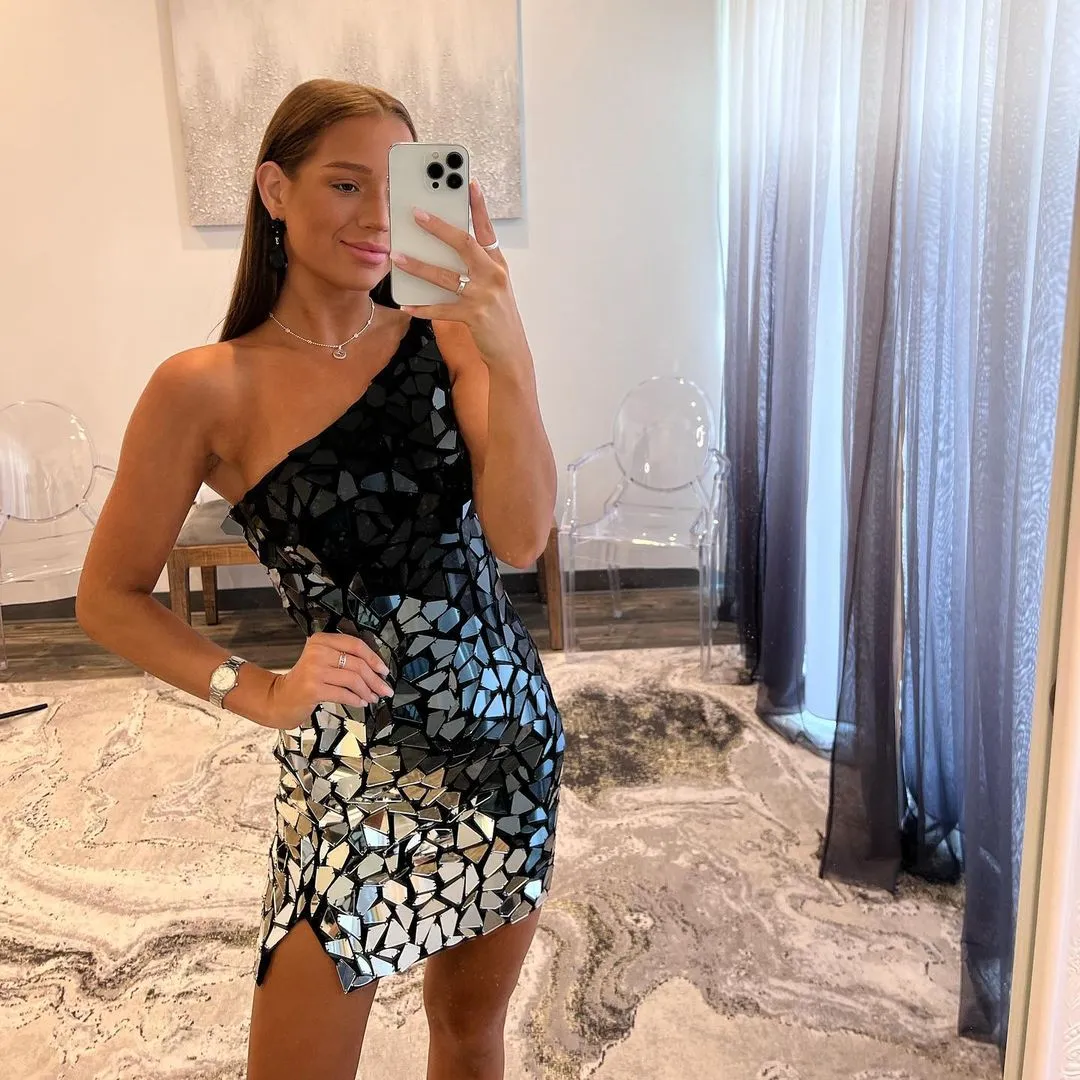 One Shoulder Black Silver Glass Mirror Short Homecoming Dress, LTP3303