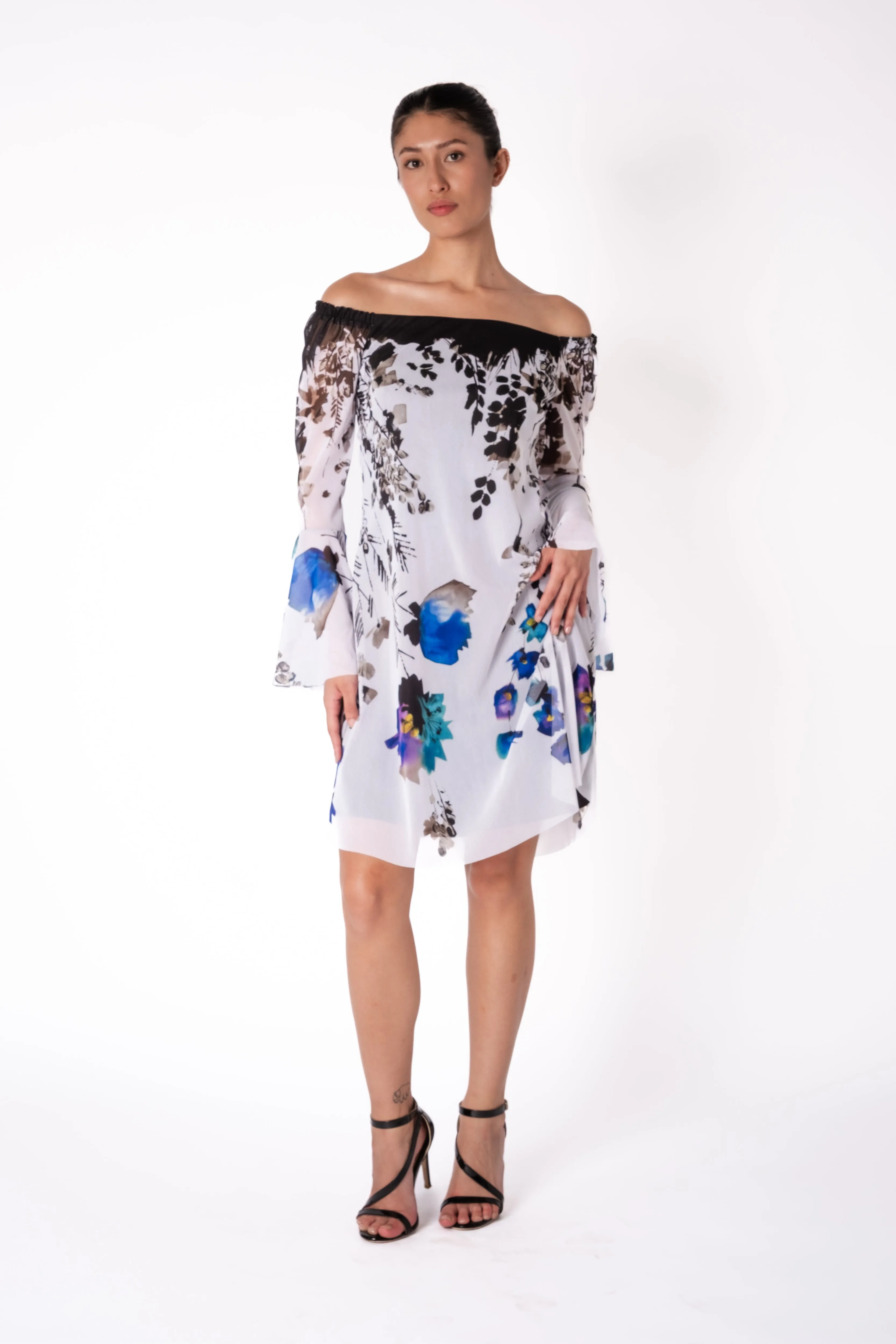 PANSY Above Knee Length Bell Sleeve Off Shoulder Dress