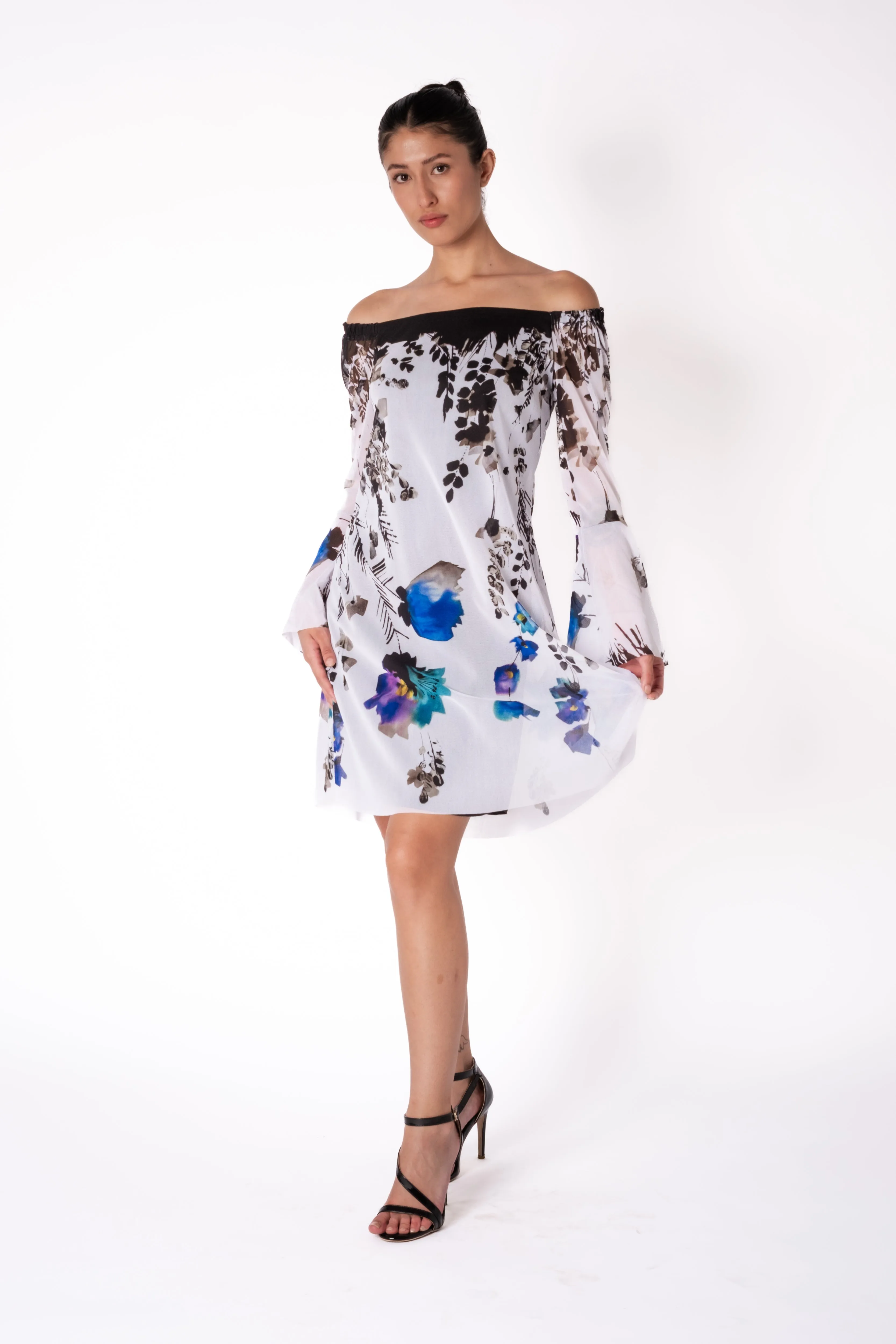 PANSY Above Knee Length Bell Sleeve Off Shoulder Dress