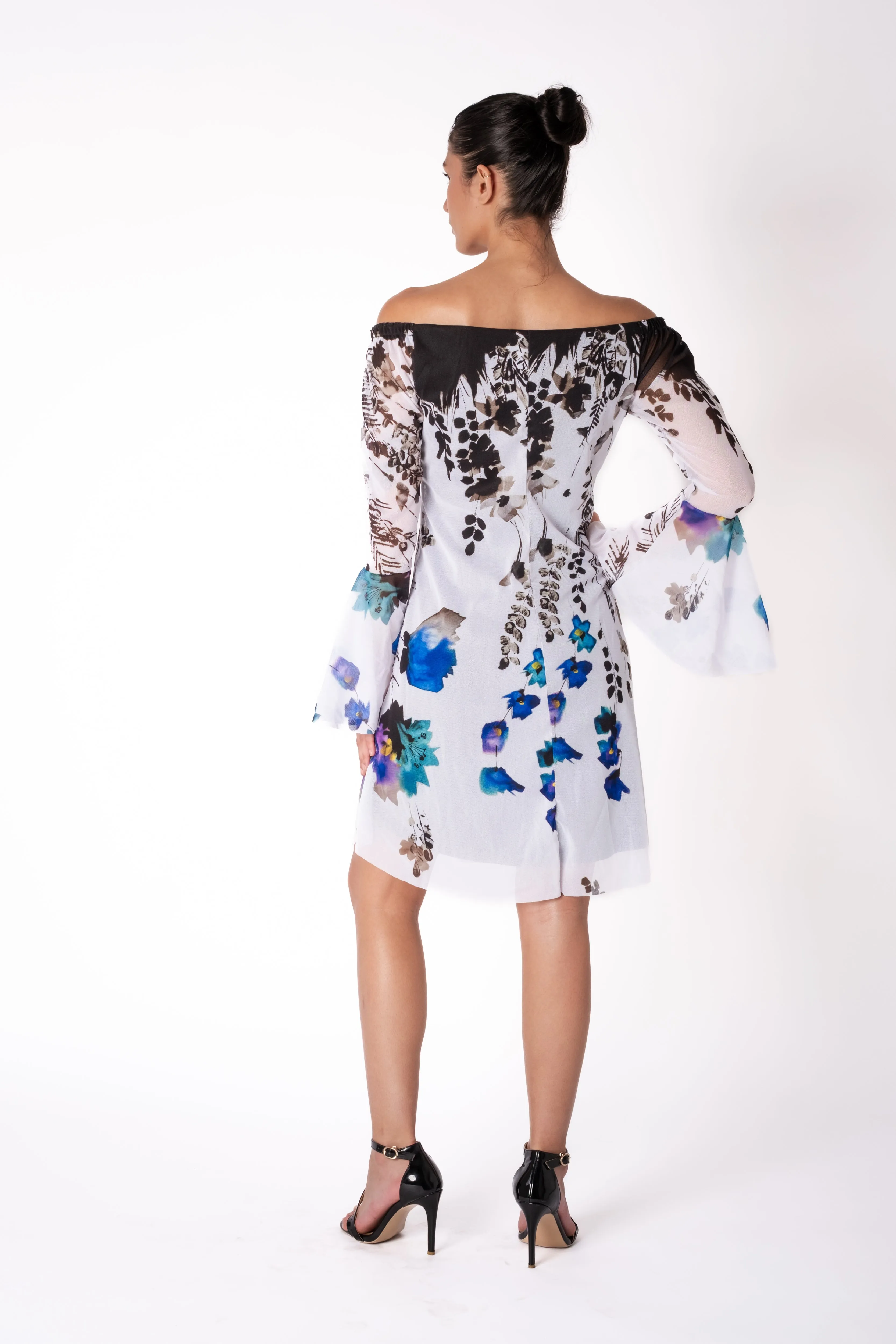 PANSY Above Knee Length Bell Sleeve Off Shoulder Dress