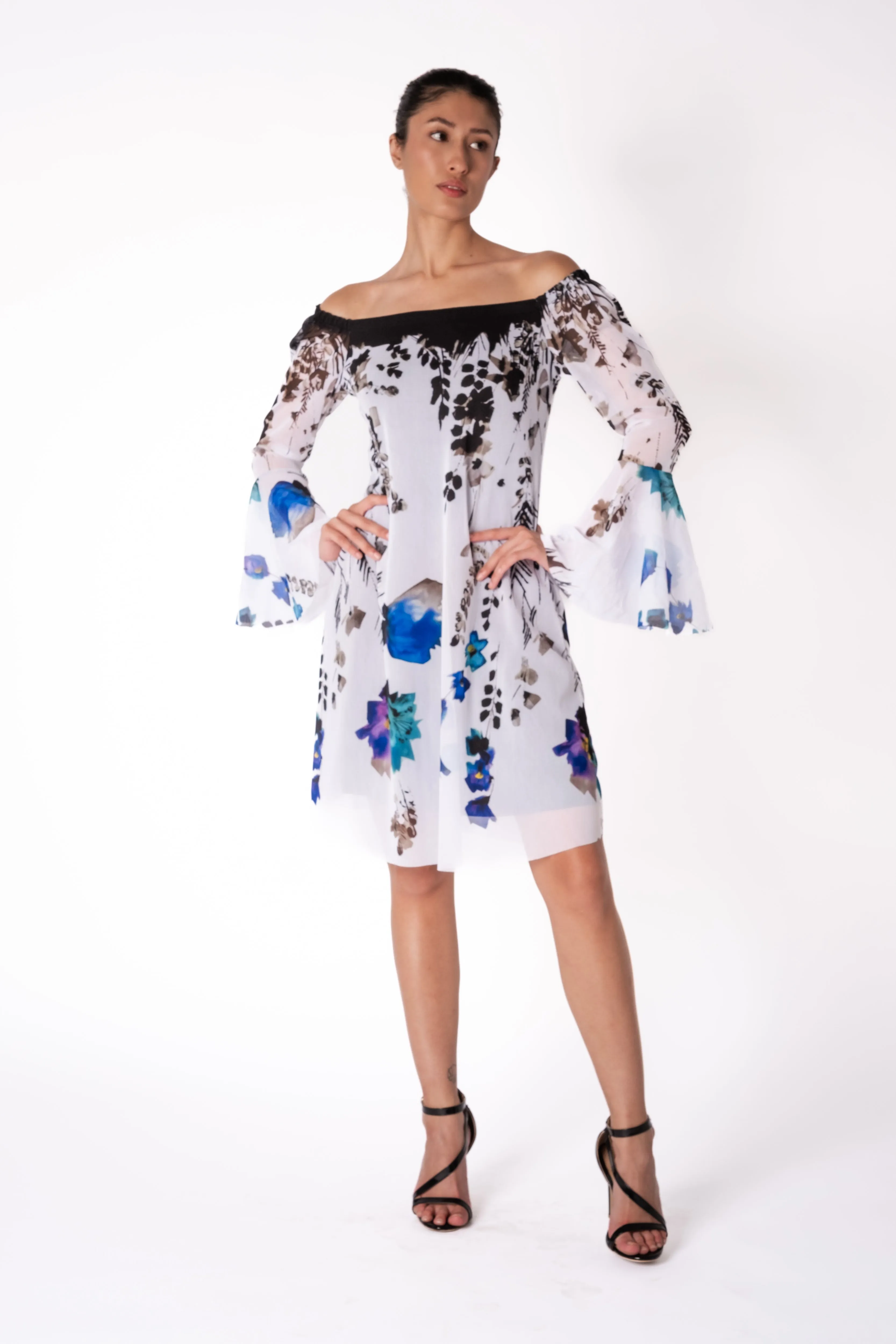 PANSY Above Knee Length Bell Sleeve Off Shoulder Dress