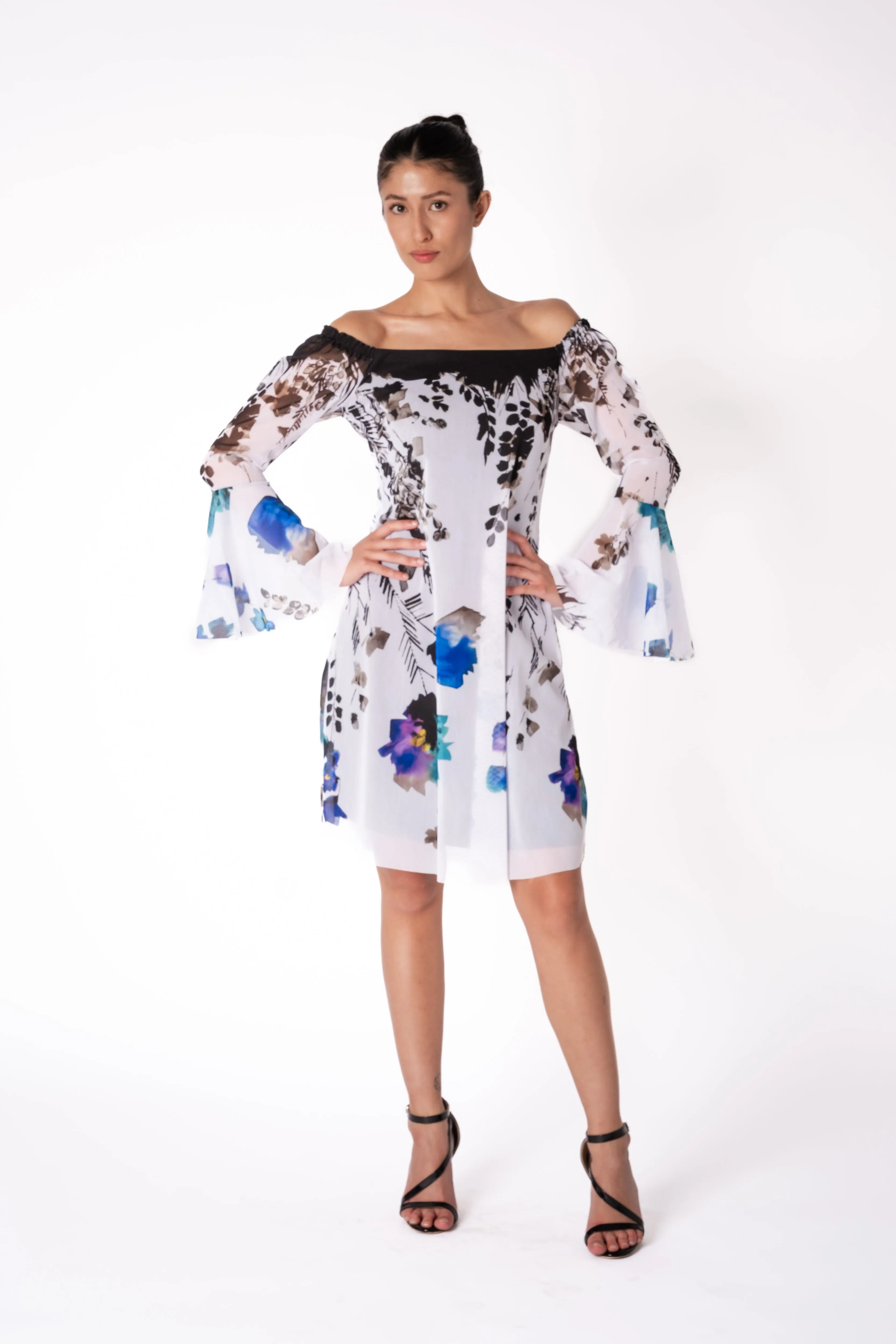 PANSY Above Knee Length Bell Sleeve Off Shoulder Dress