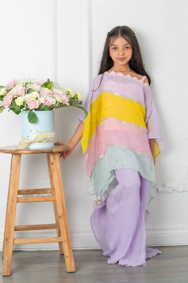 Pink Top With Multicoloured Cape And Lavender Palazzo
