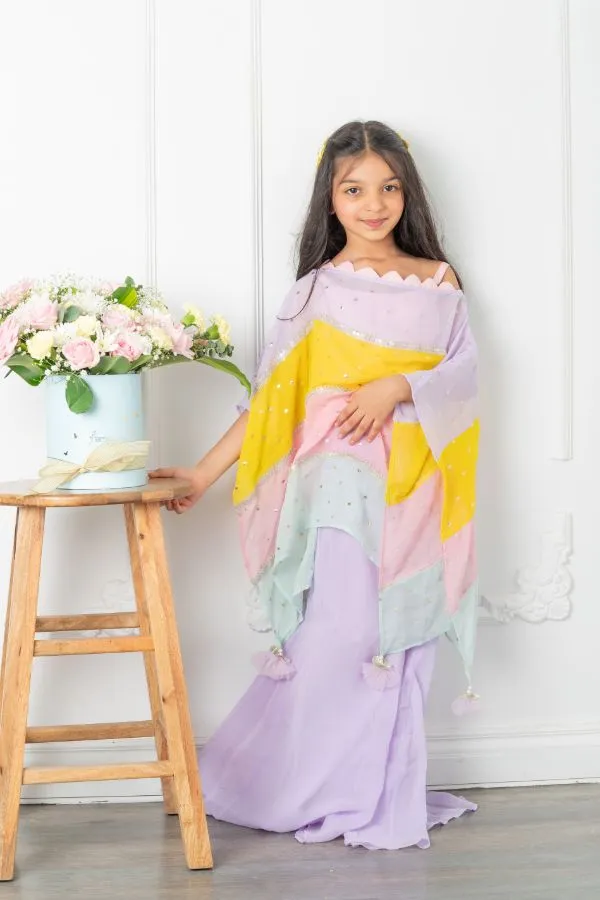 Pink Top With Multicoloured Cape And Lavender Palazzo