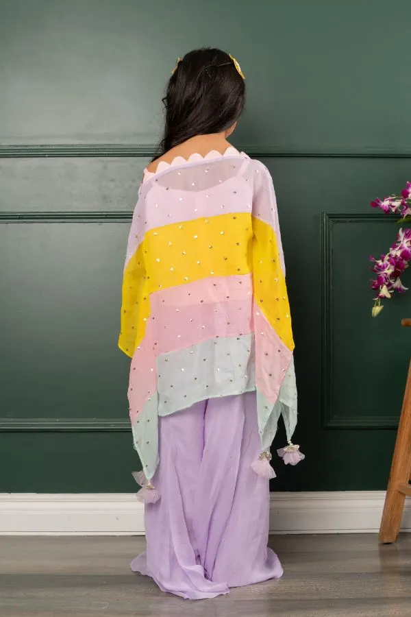 Pink Top With Multicoloured Cape And Lavender Palazzo