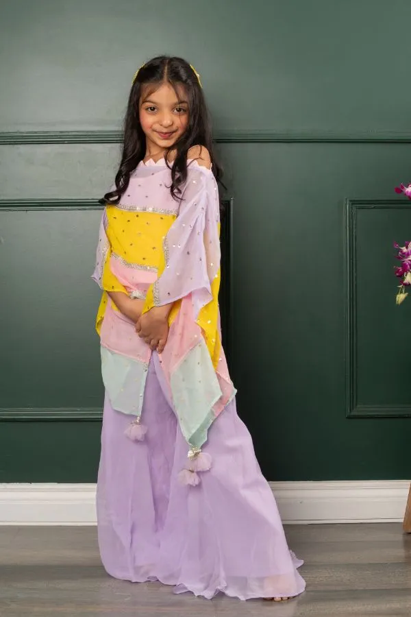 Pink Top With Multicoloured Cape And Lavender Palazzo