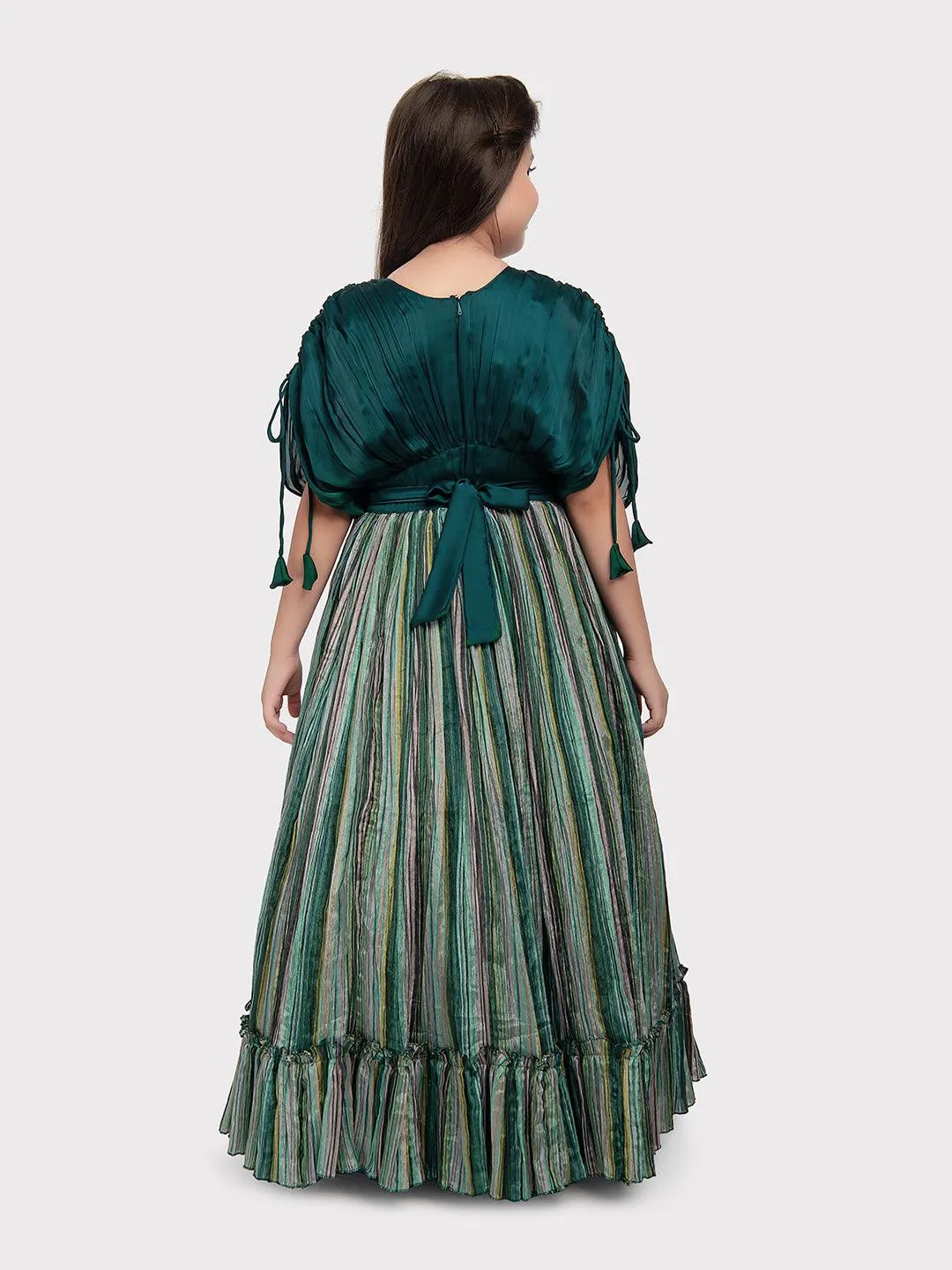 Rama Green Coloured Butterfly Style Sleeves Multicolour Striped Gown For Girls