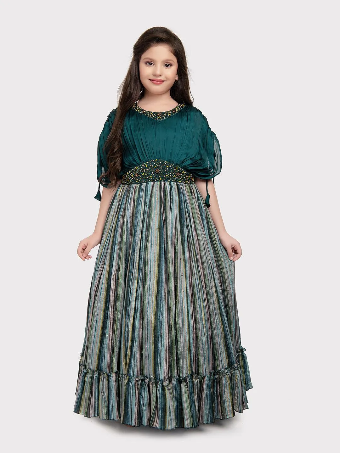 Rama Green Coloured Butterfly Style Sleeves Multicolour Striped Gown For Girls