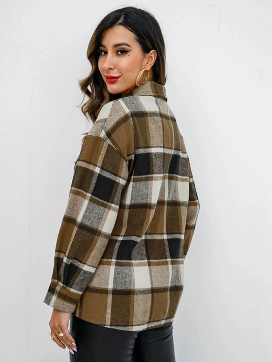 Shiny Plaid Button Up Collared Neck Jacket
