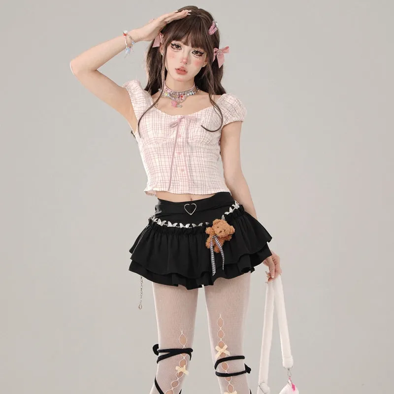 Summer Sweet Girl Style Pink Plaid Short-Sleeved T-shirt