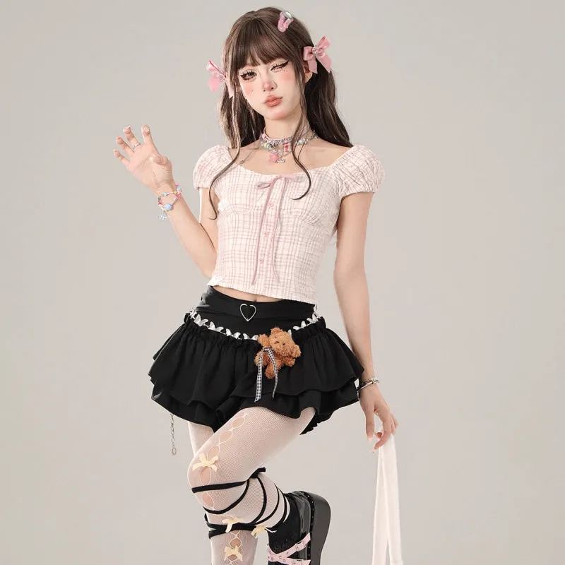 Summer Sweet Girl Style Pink Plaid Short-Sleeved T-shirt