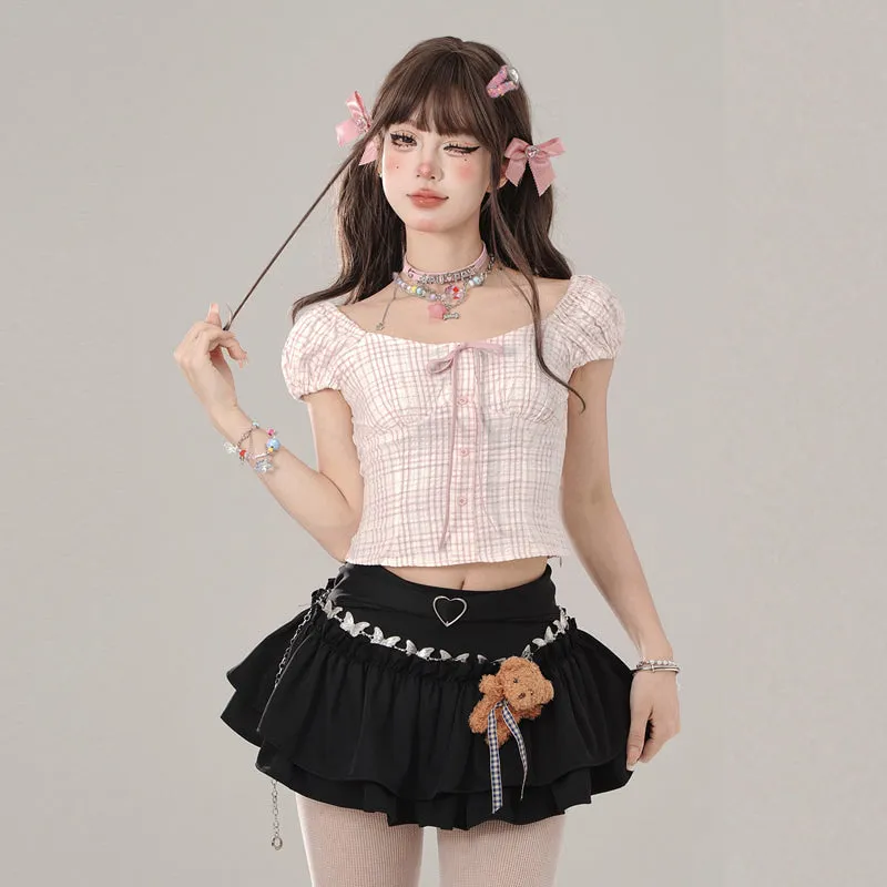 Summer Sweet Girl Style Pink Plaid Short-Sleeved T-shirt