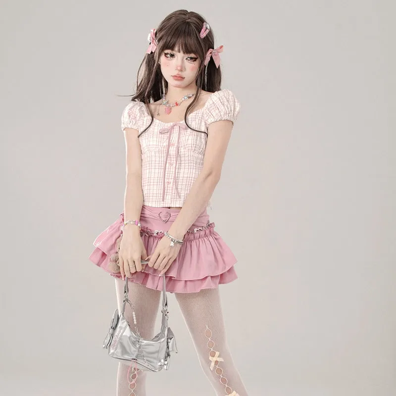 Summer Sweet Girl Style Pink Plaid Short-Sleeved T-shirt