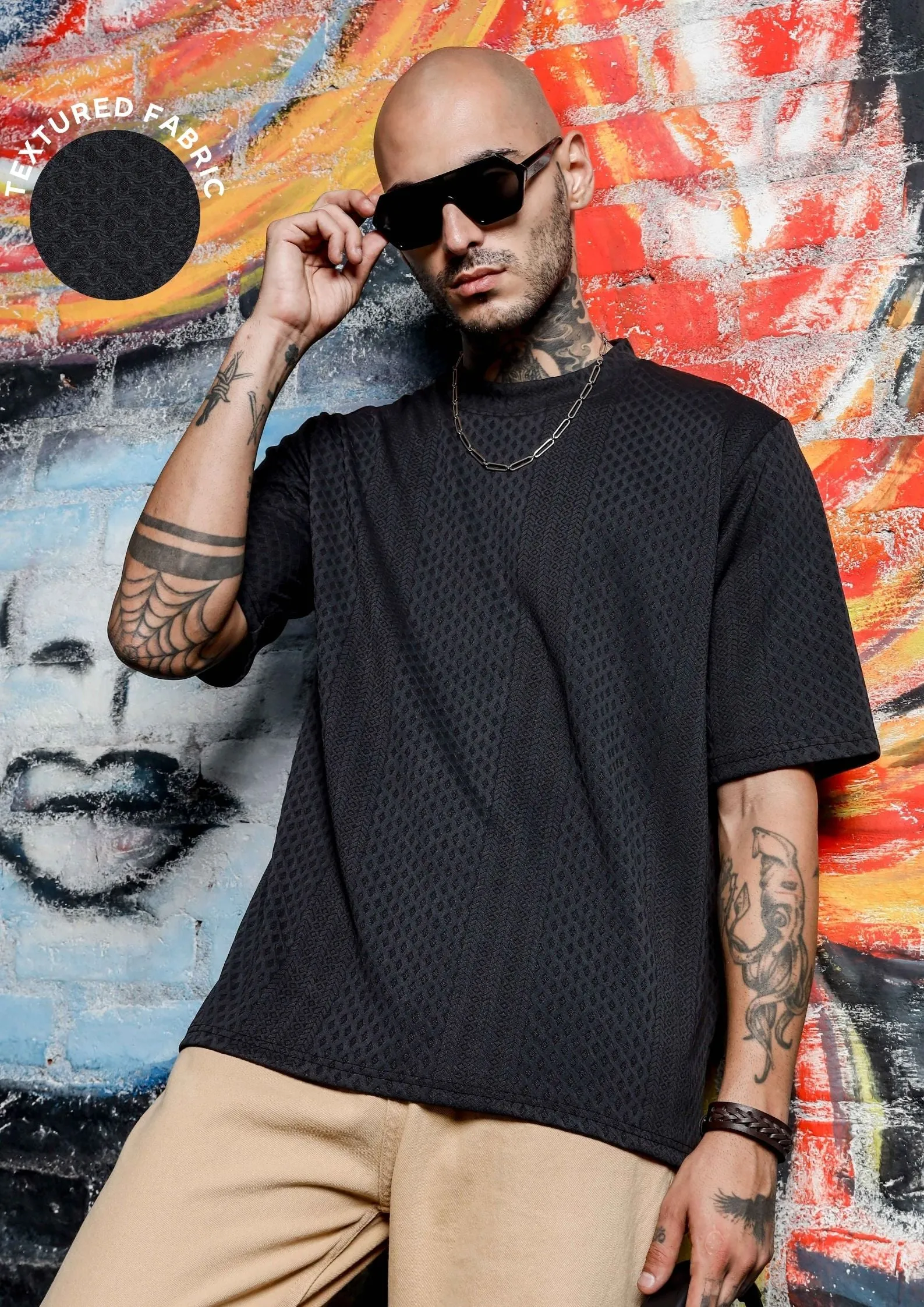 Unisex Black Textured Round Neck Oversized T-shirt