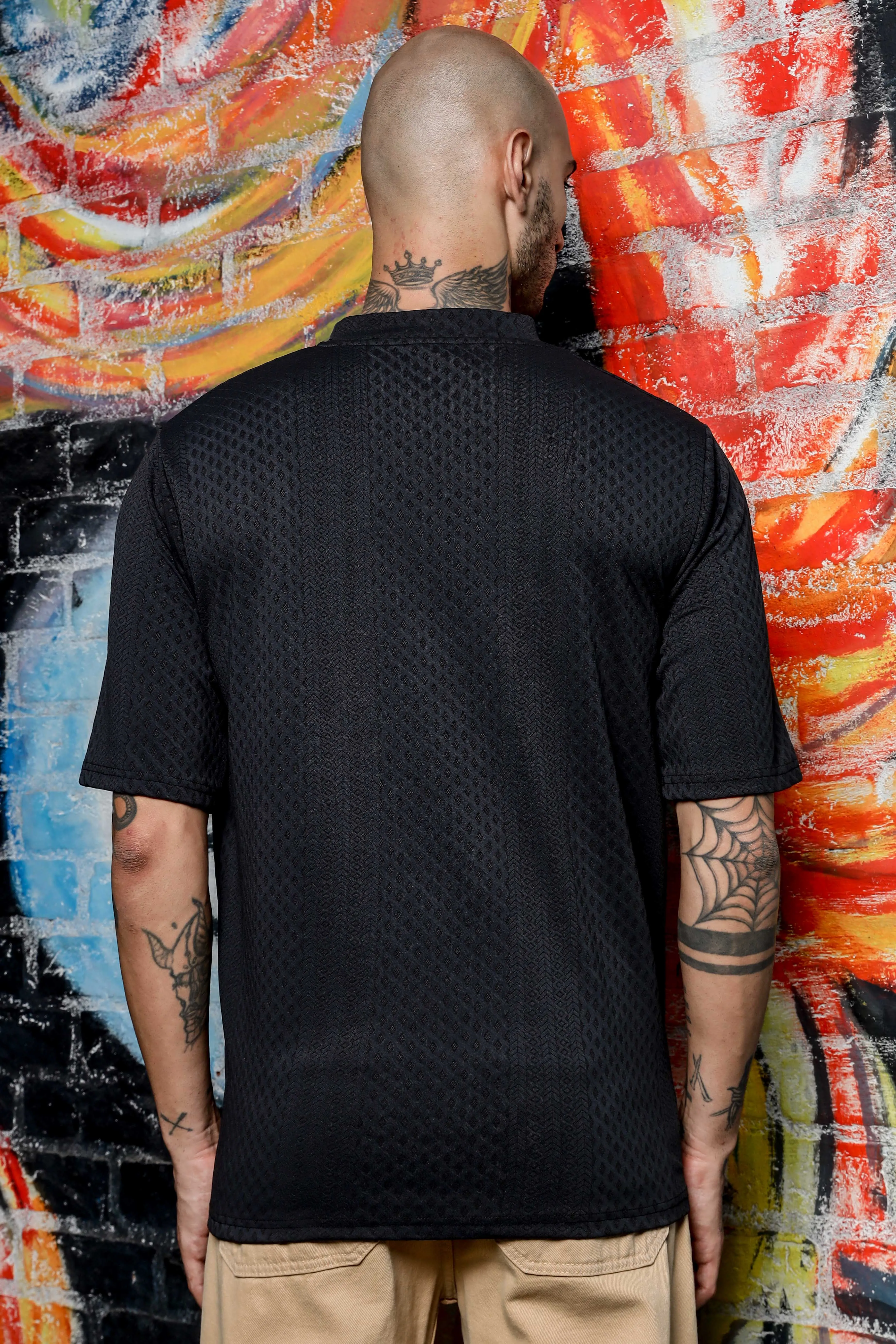 Unisex Black Textured Round Neck Oversized T-shirt