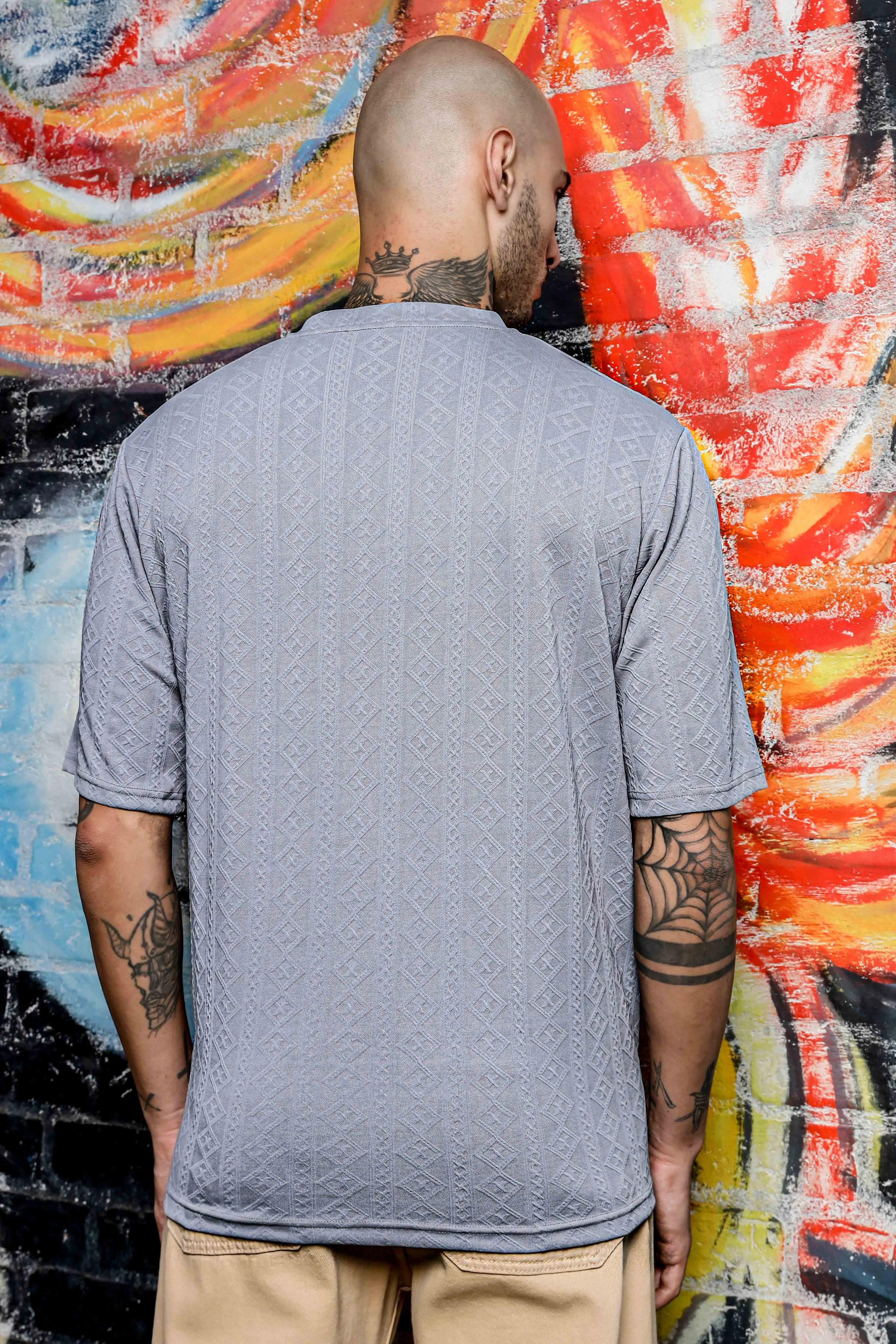 Unisex Grey Textured Round Neck Oversized T-shirt