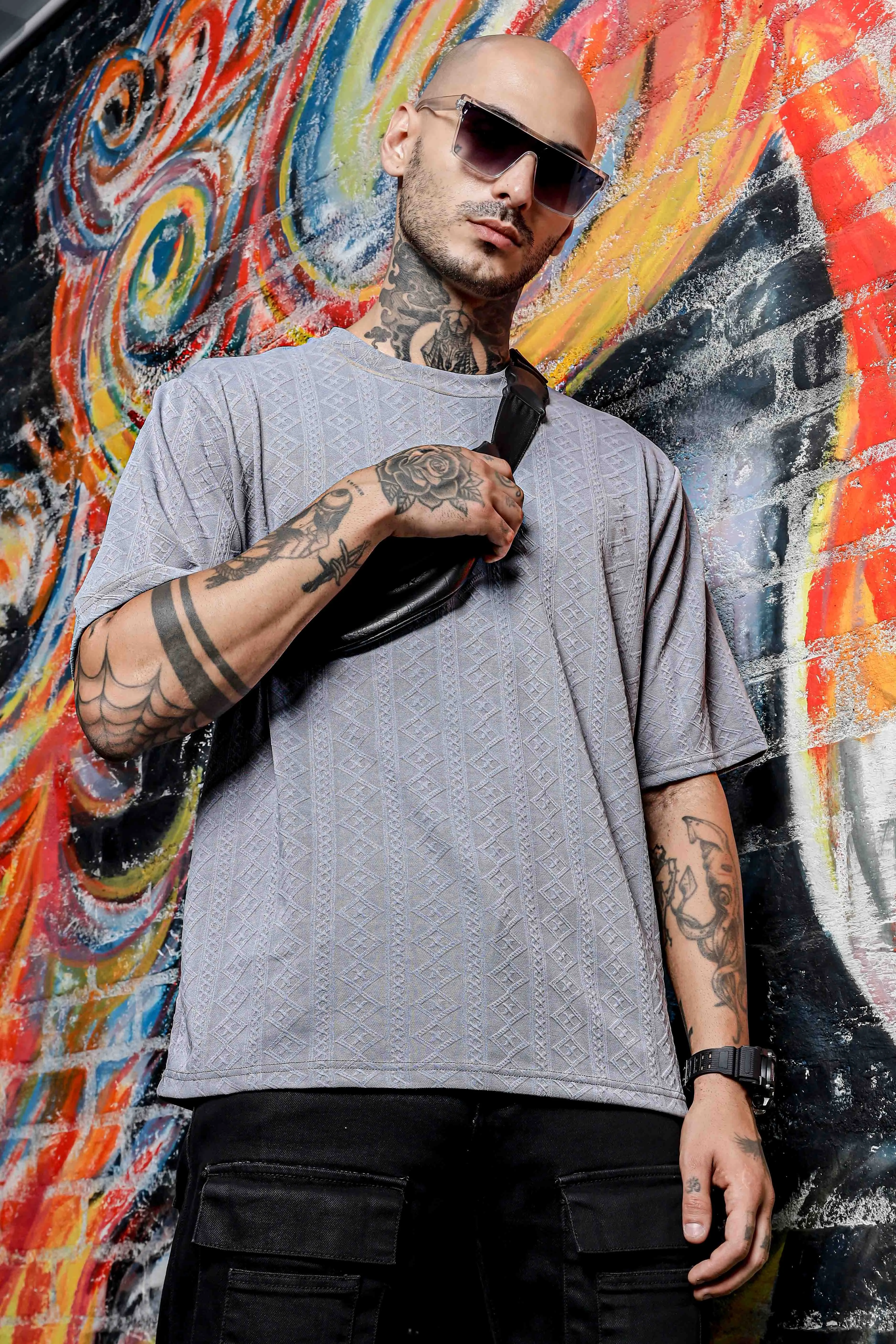 Unisex Grey Textured Round Neck Oversized T-shirt