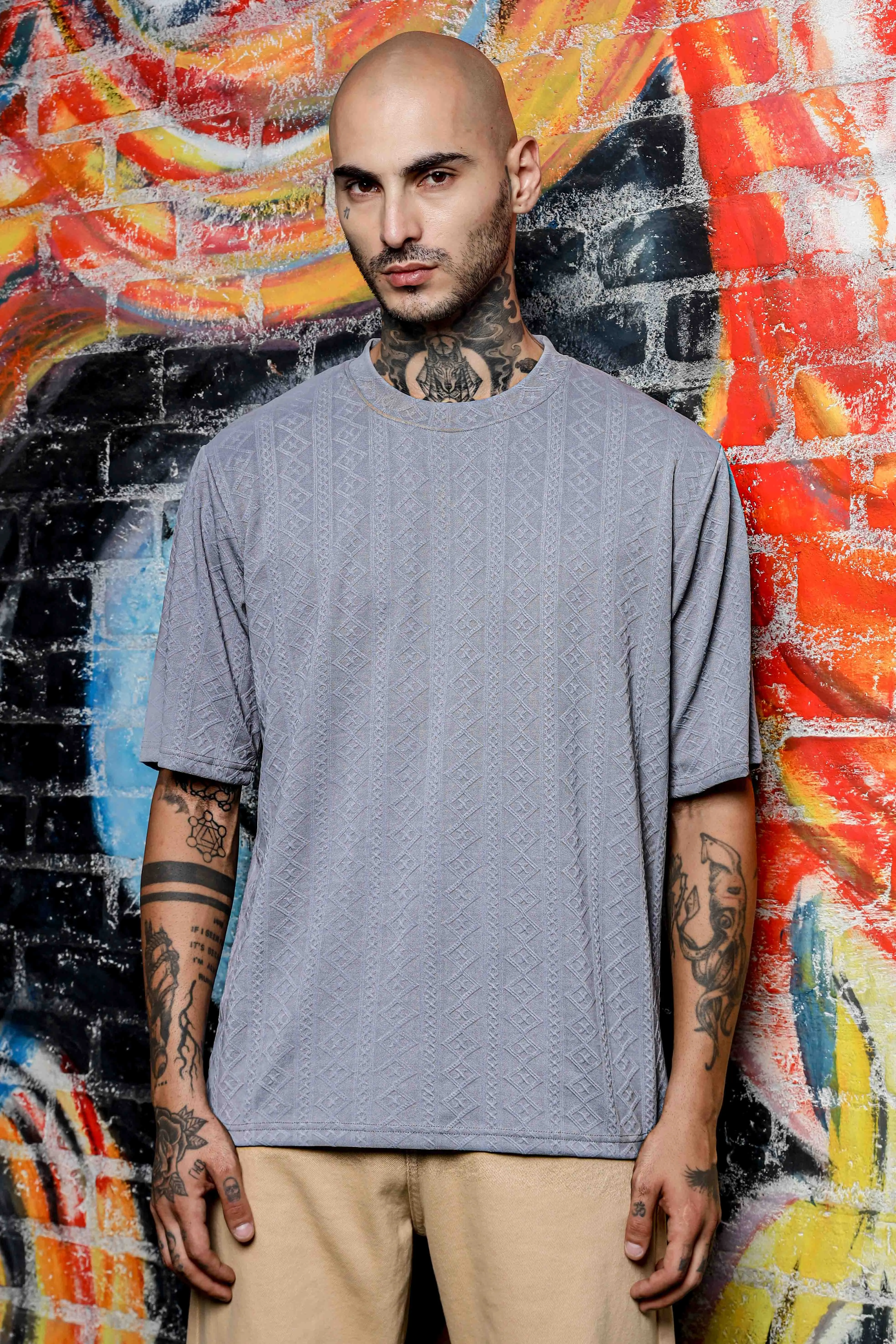 Unisex Grey Textured Round Neck Oversized T-shirt