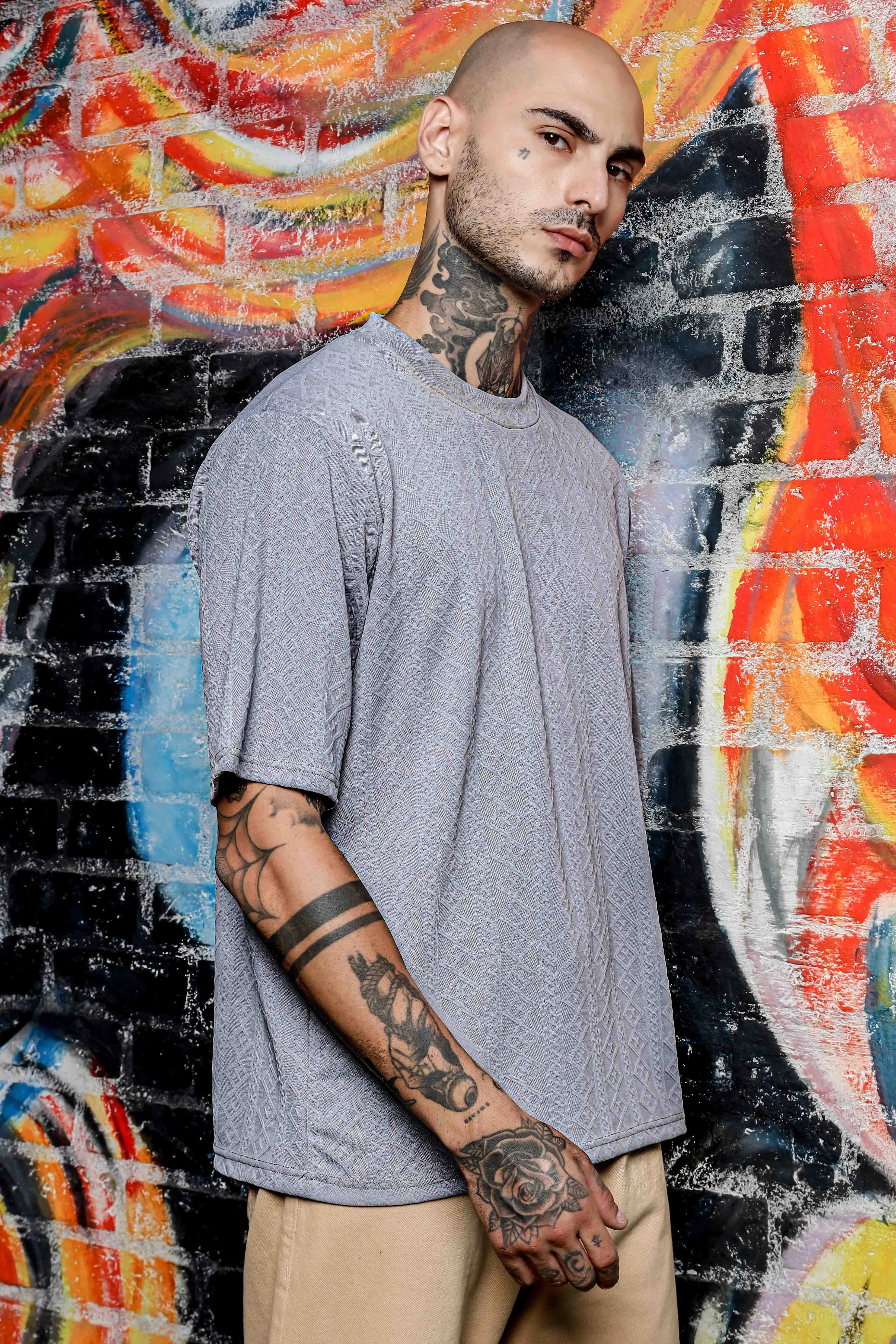 Unisex Grey Textured Round Neck Oversized T-shirt