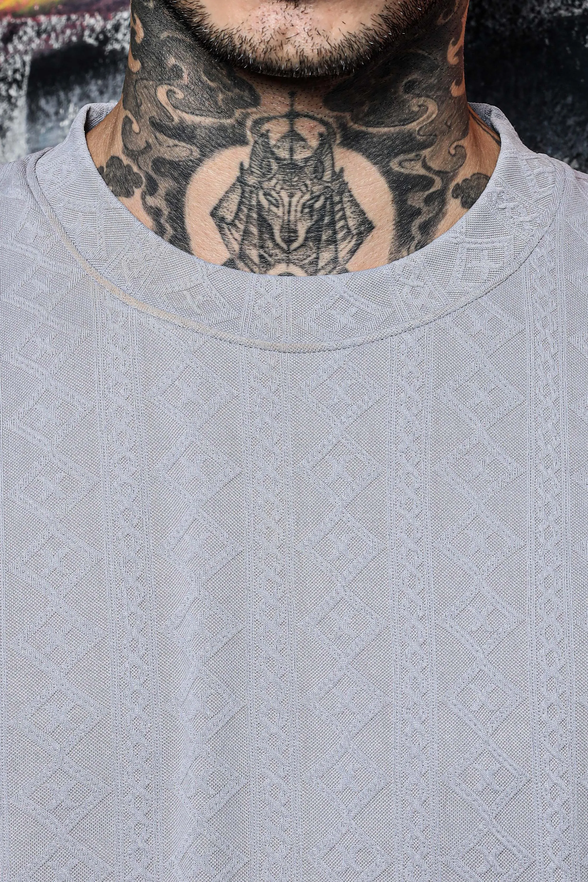 Unisex Grey Textured Round Neck Oversized T-shirt