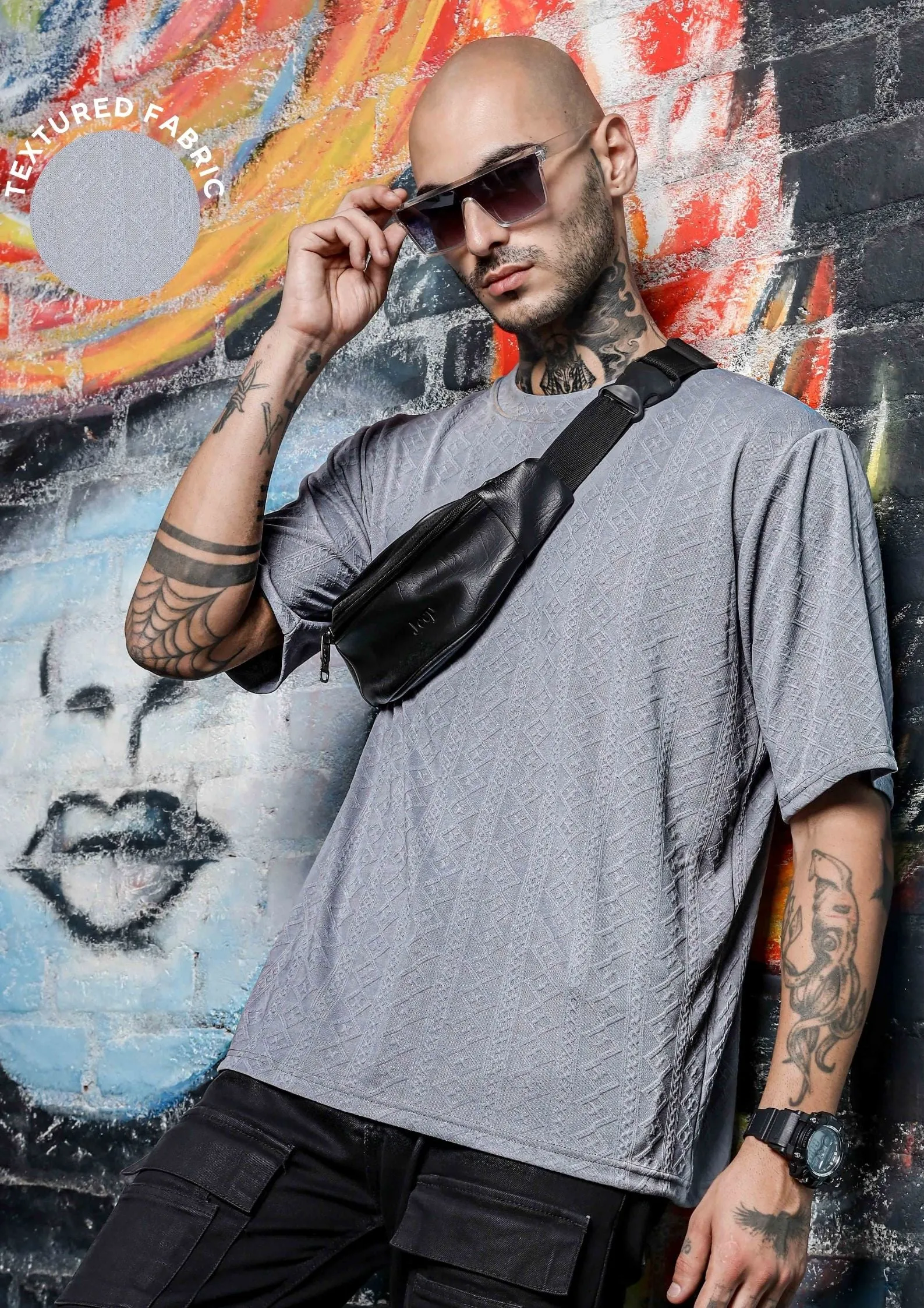 Unisex Grey Textured Round Neck Oversized T-shirt