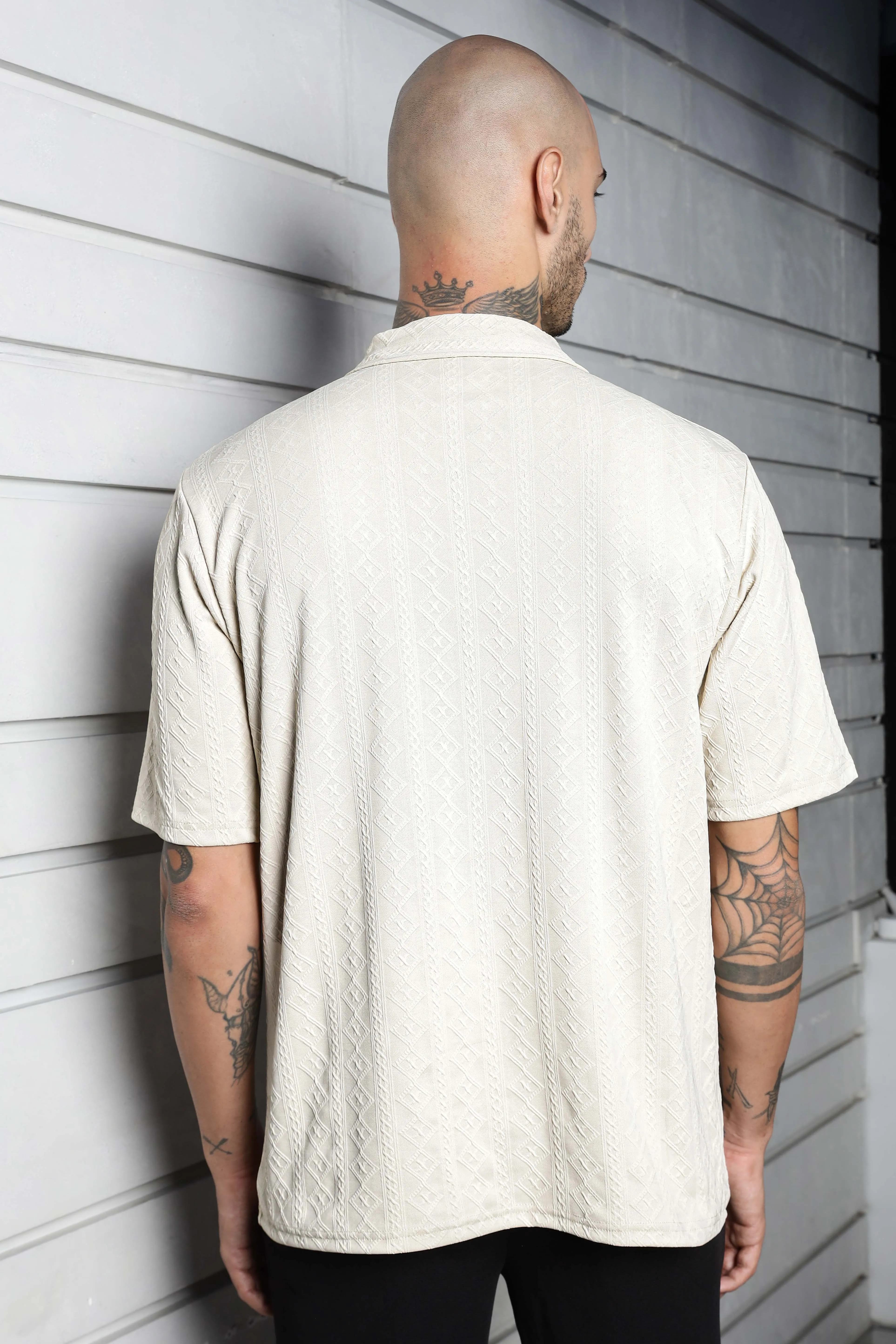 Unisex White Textured Polo Neck Oversized T-shirt