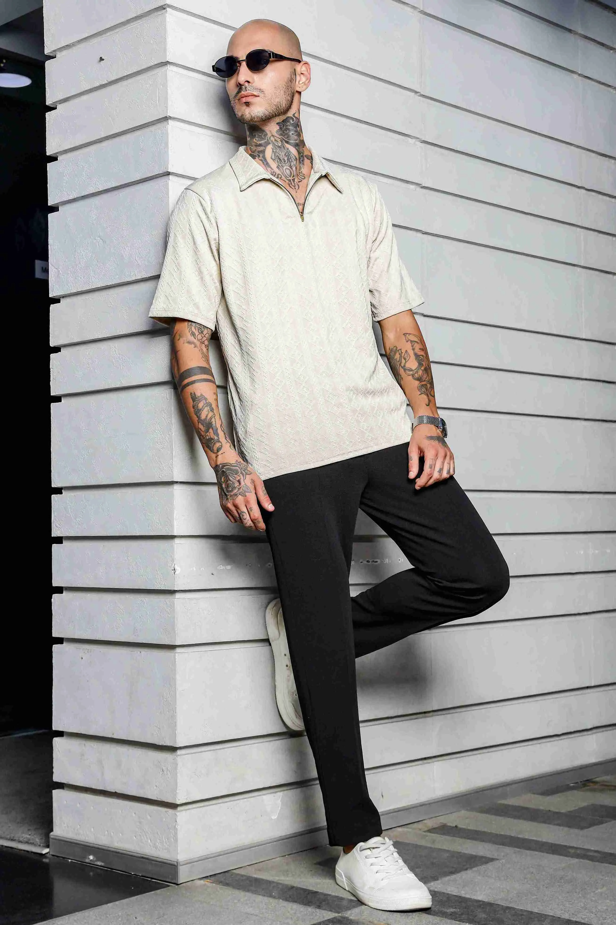 Unisex White Textured Polo Neck Oversized T-shirt
