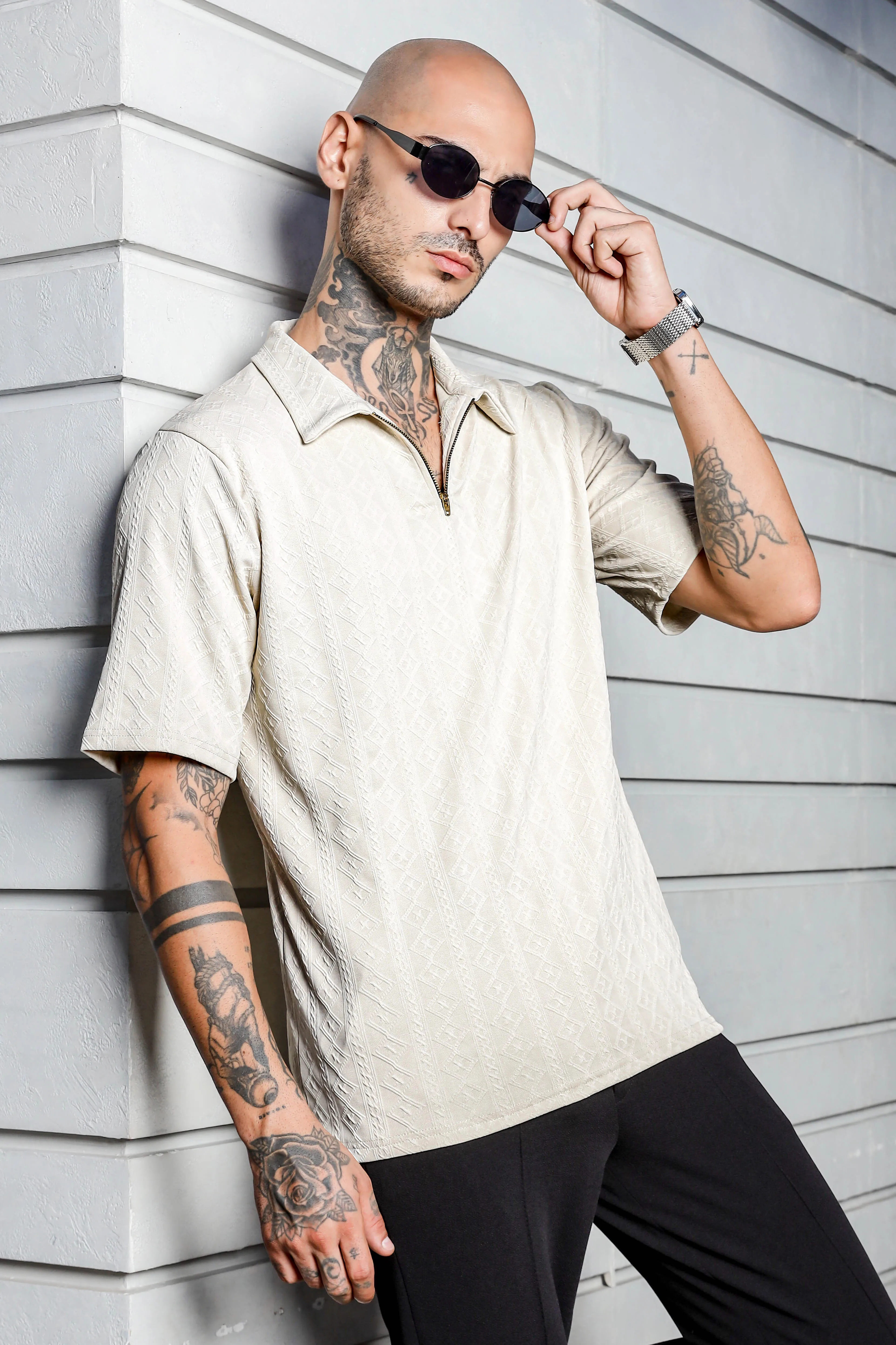 Unisex White Textured Polo Neck Oversized T-shirt
