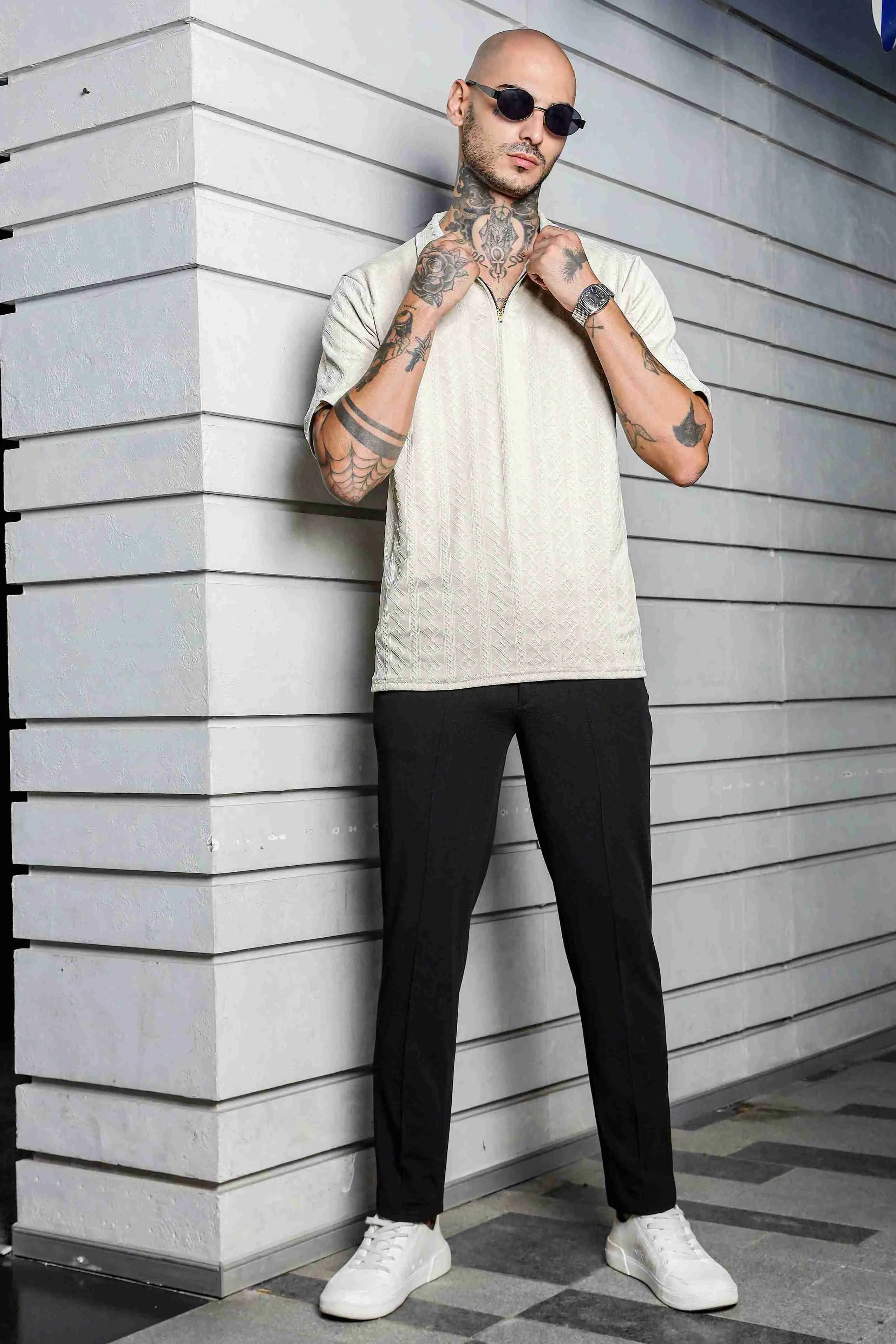 Unisex White Textured Polo Neck Oversized T-shirt