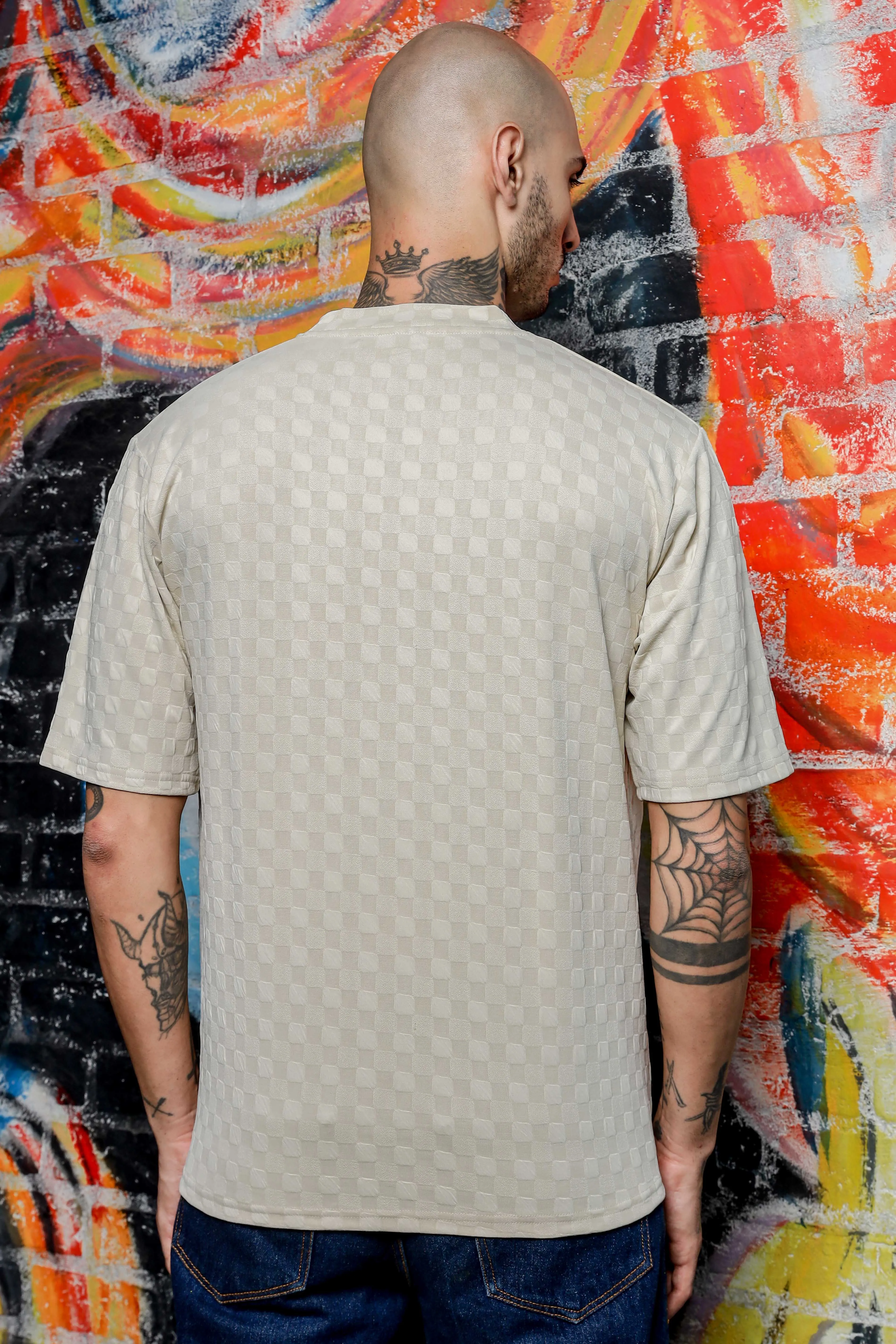 Unisex White Textured Round Neck Oversized T-shirt
