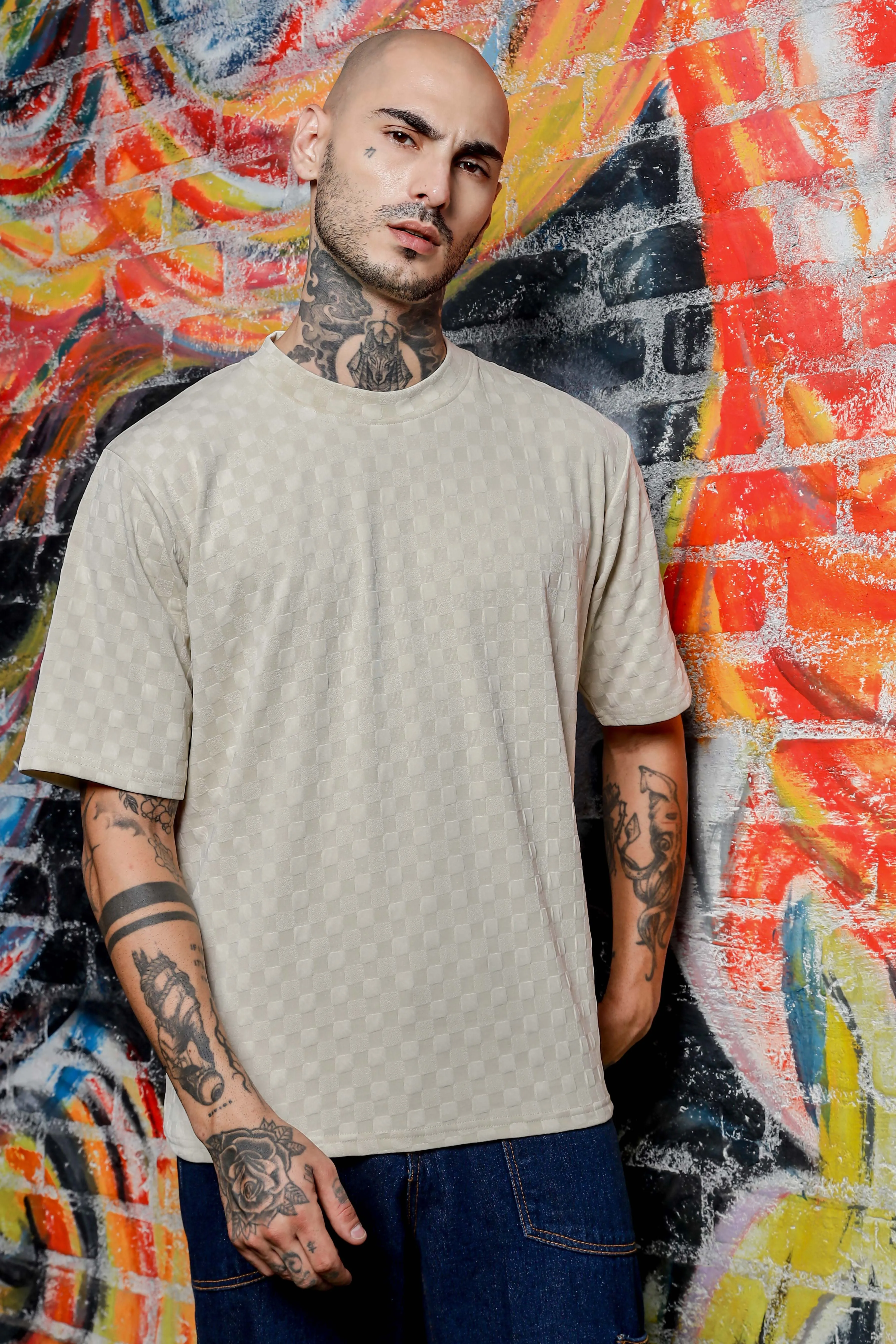 Unisex White Textured Round Neck Oversized T-shirt