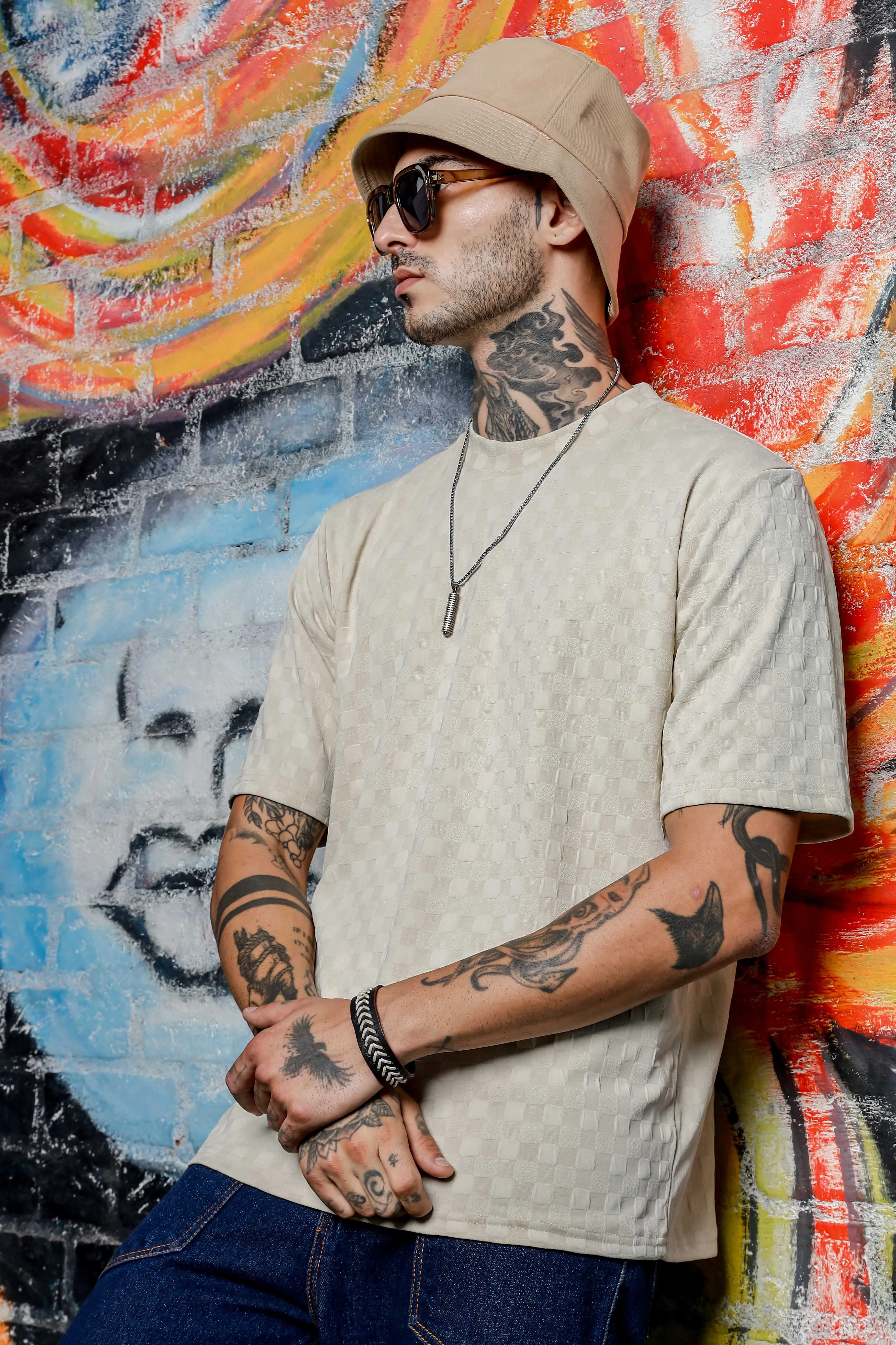 Unisex White Textured Round Neck Oversized T-shirt