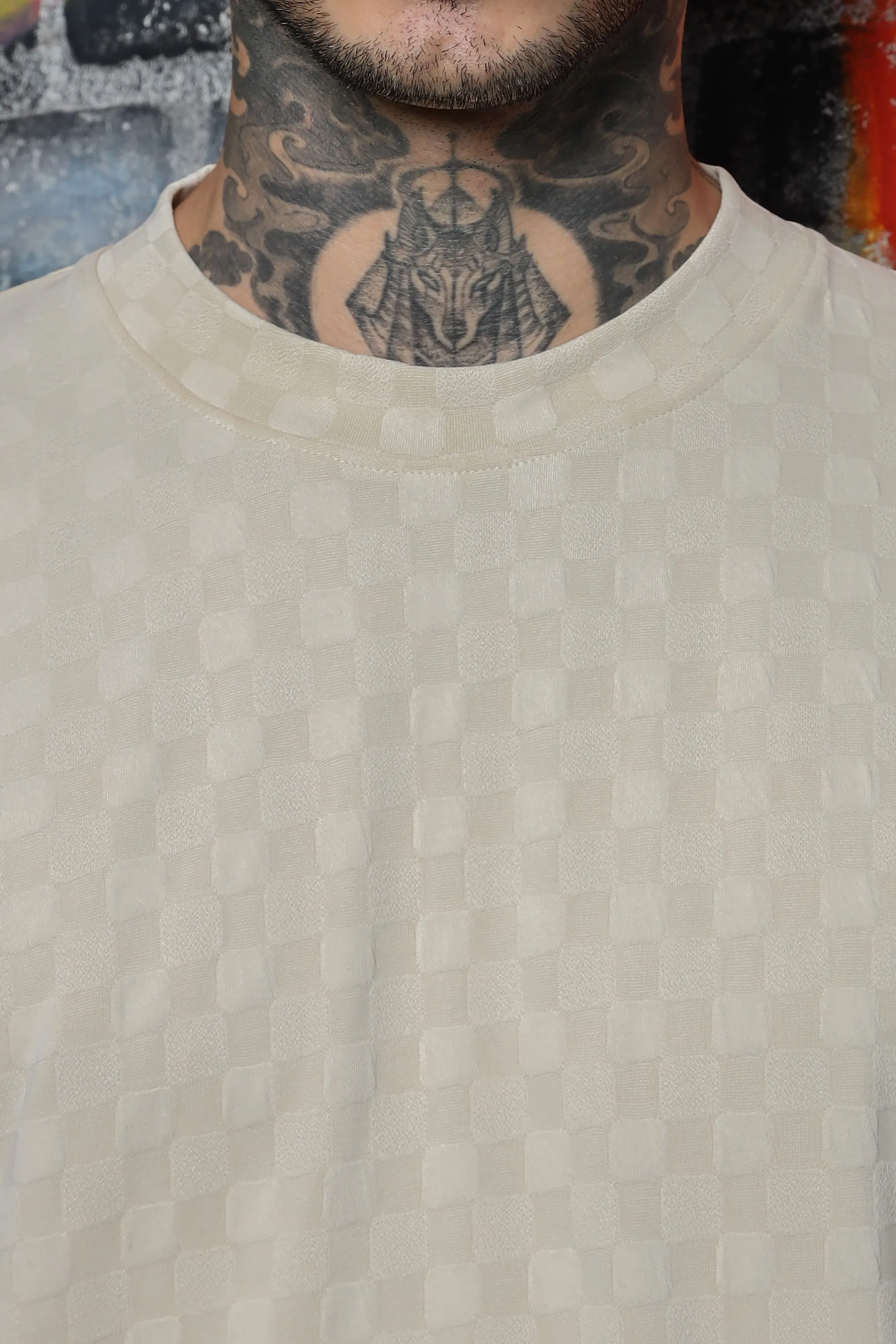 Unisex White Textured Round Neck Oversized T-shirt