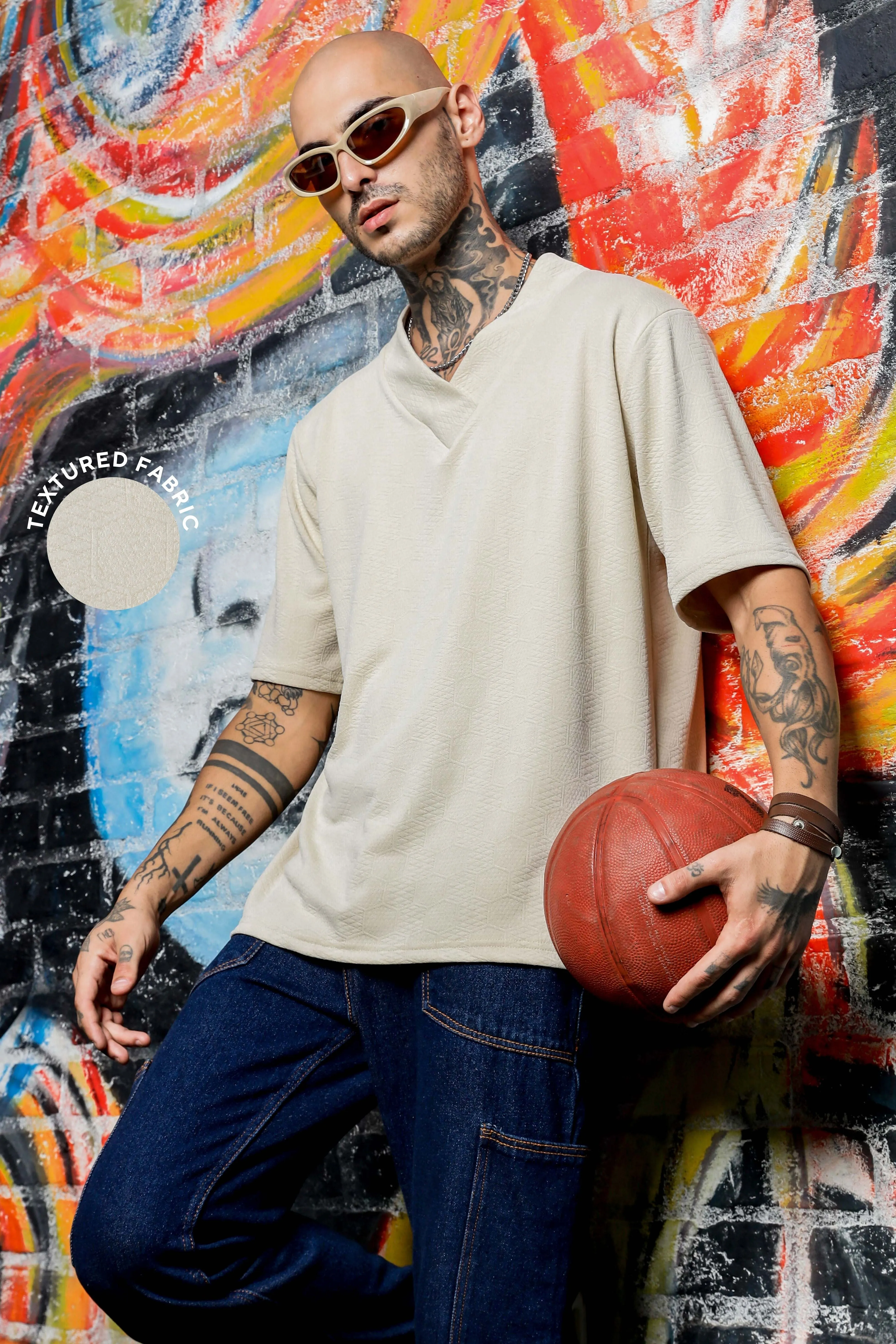 Unisex White Textured V-Neck Oversized T-shirt