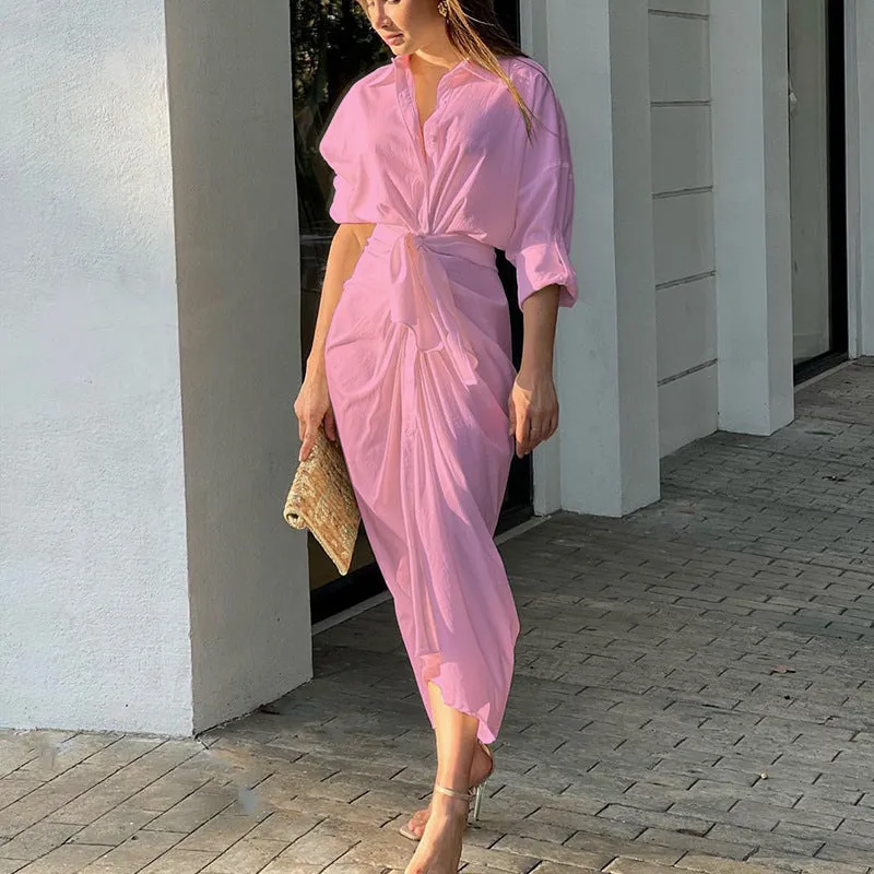 Women Clothing Summer Solid Color Sexy MiuMiu Bag Arm Cardigan Shirt Dress