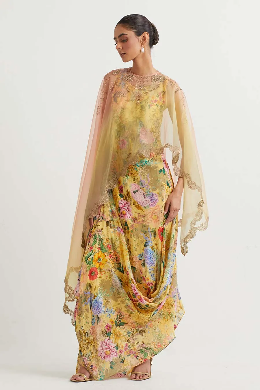 Yellow Embroidered Cape With Printed Drape Dress